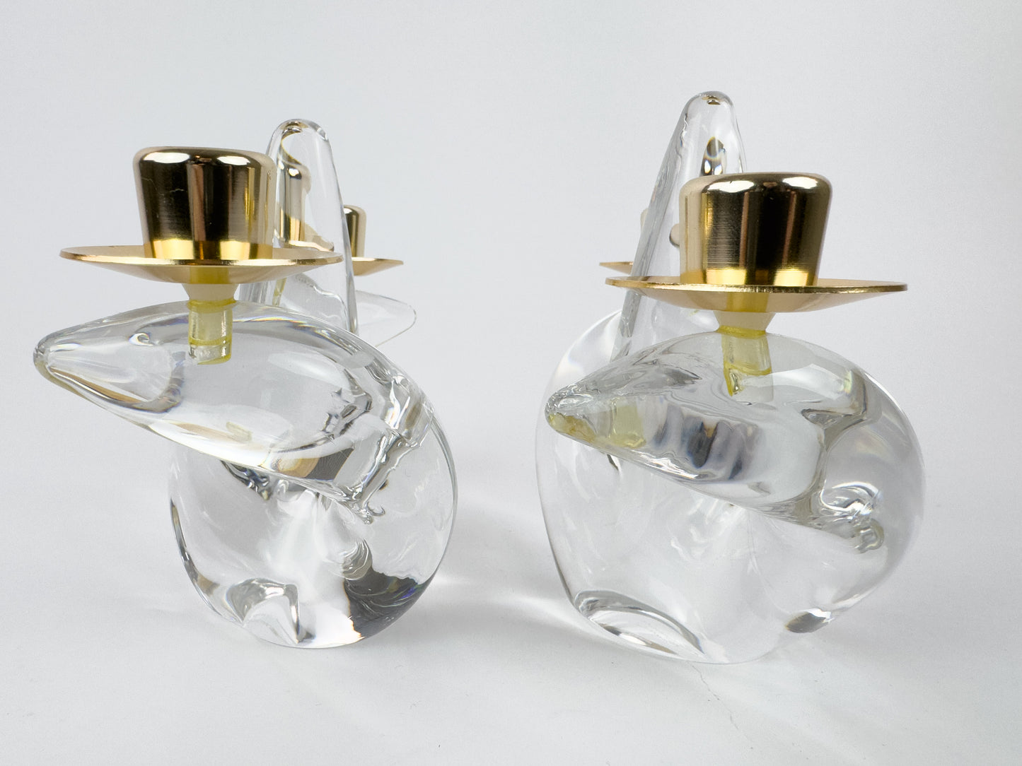 Pair of Mid-Century Schneider Crystal & Brass Candlestick Holders, France