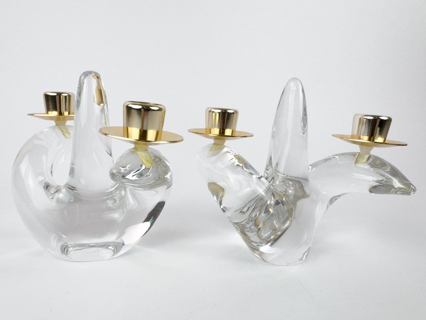 Pair of Mid-Century Schneider Crystal & Brass Candlestick Holders, France