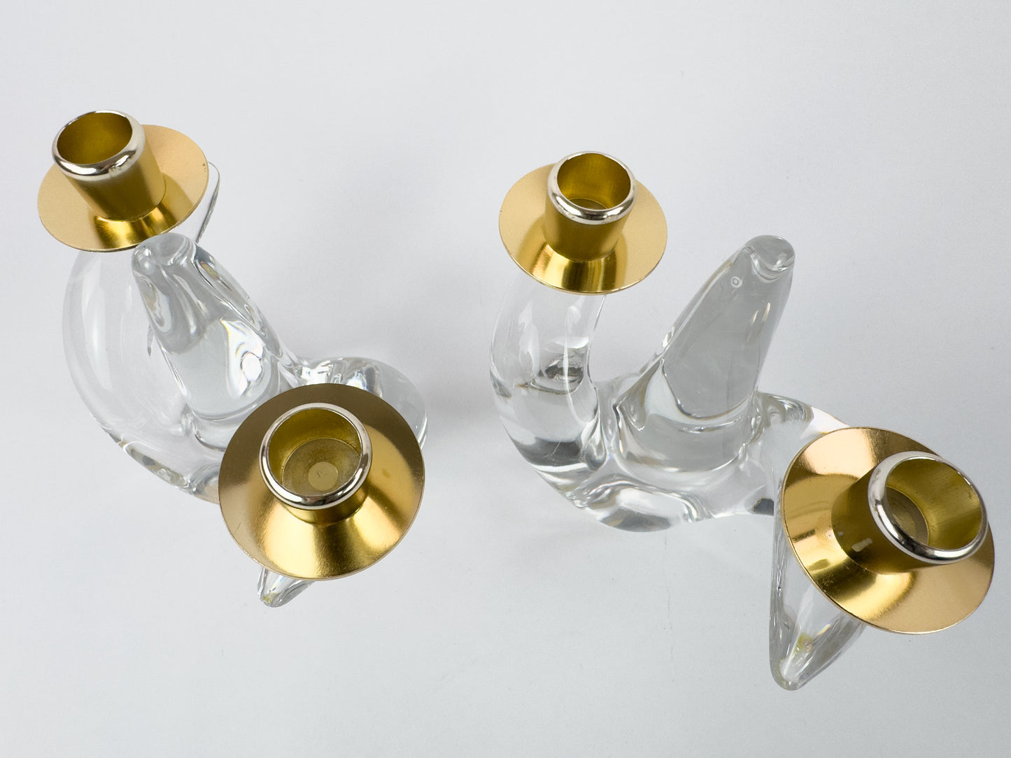 Pair of Mid-Century Schneider Crystal & Brass Candlestick Holders, France