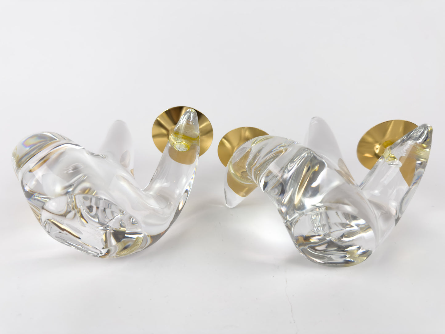 Pair of Mid-Century Schneider Crystal & Brass Candlestick Holders, France