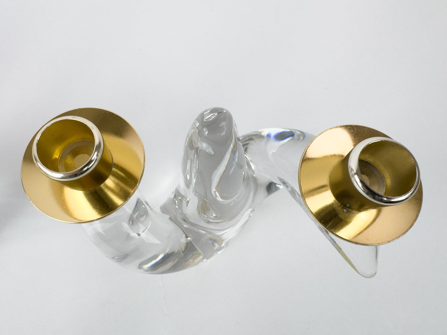 Pair of Mid-Century Schneider Crystal & Brass Candlestick Holders, France
