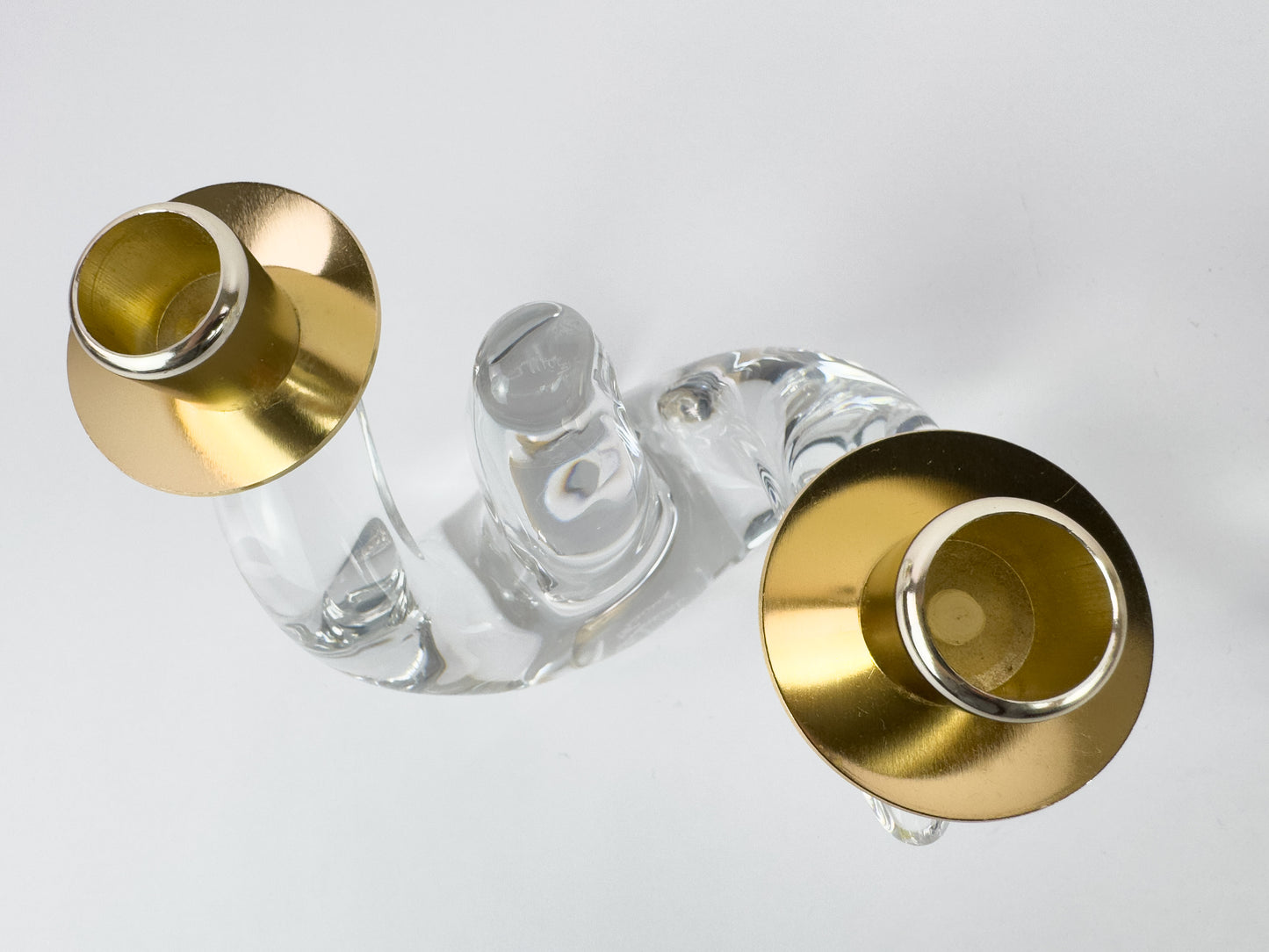 Pair of Mid-Century Schneider Crystal & Brass Candlestick Holders, France