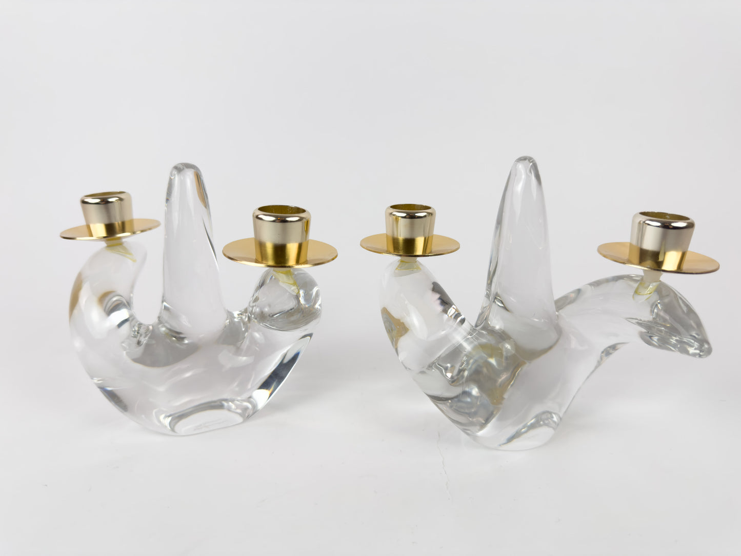 Pair of Mid-Century Schneider Crystal & Brass Candlestick Holders, France