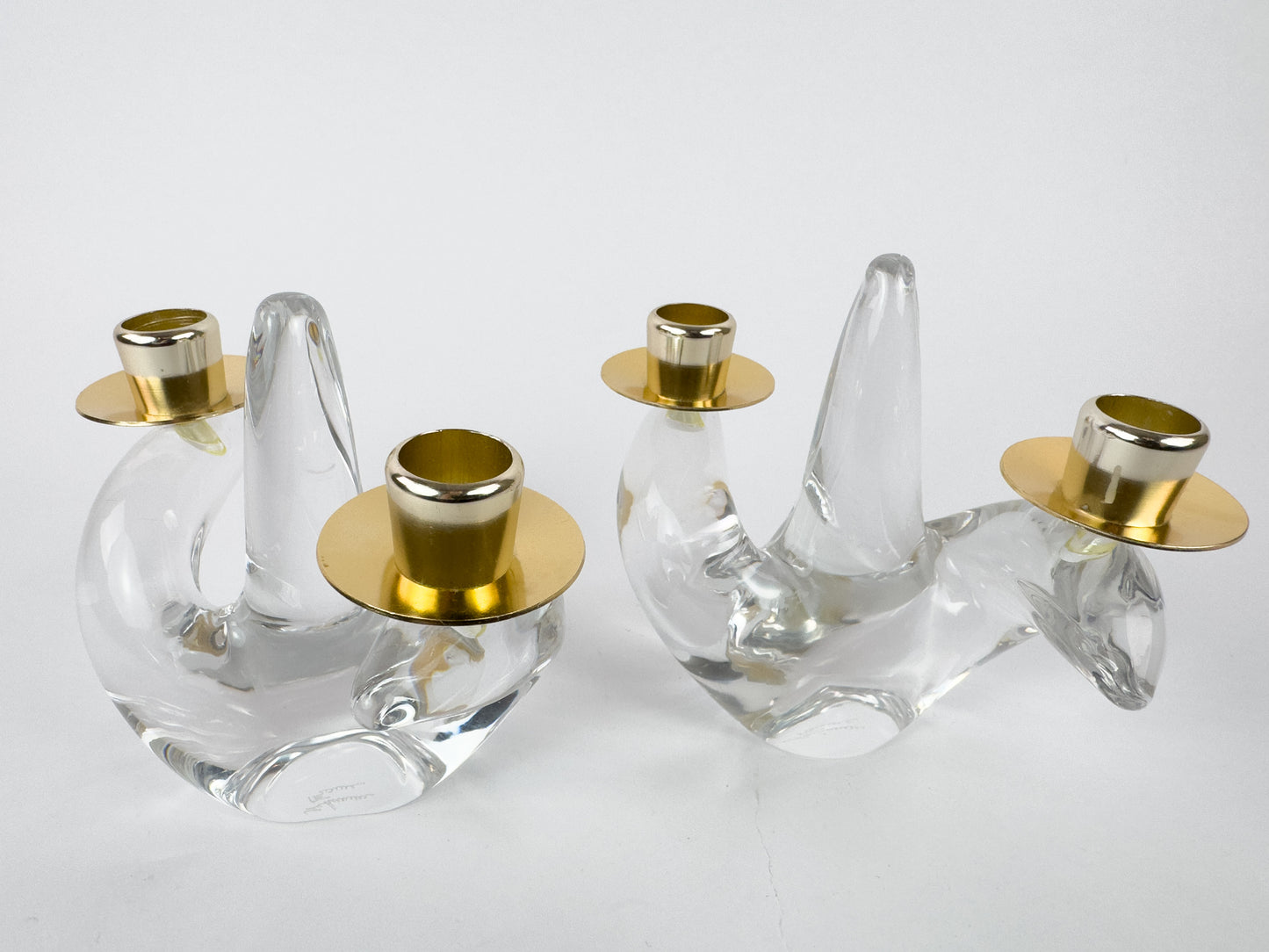 Pair of Mid-Century Schneider Crystal & Brass Candlestick Holders, France