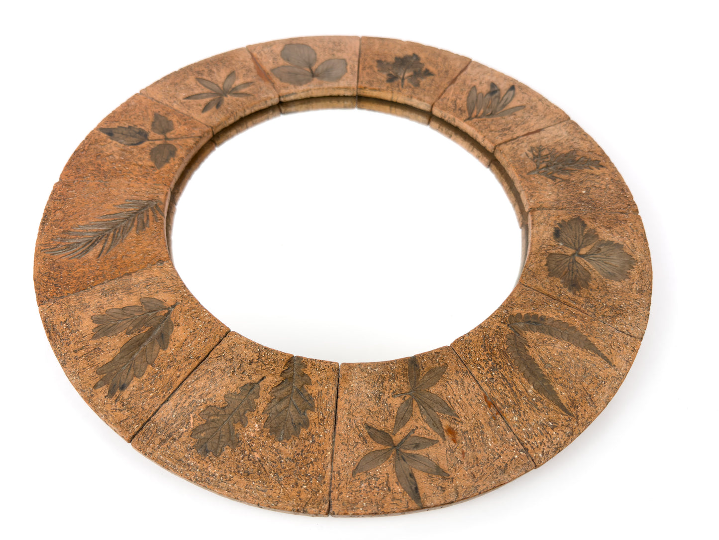 Roger Capron Style French Ceramic Tile Mirror, Terracotta Botanical Design, 1970s