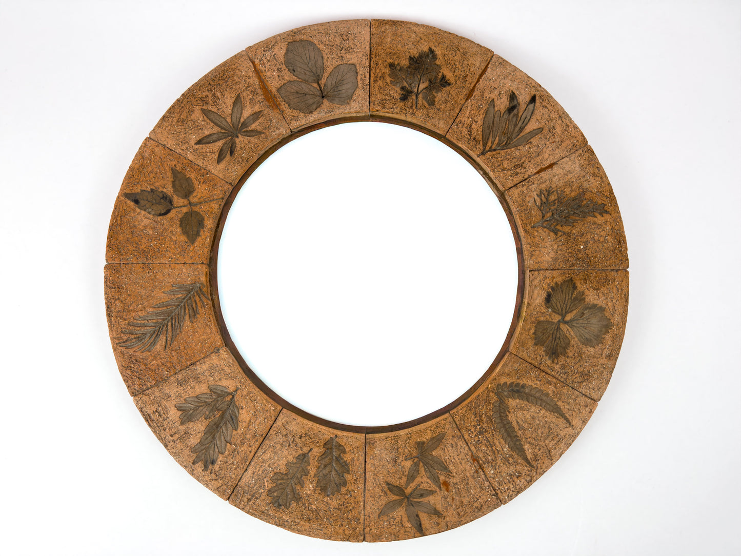 Roger Capron Style French Ceramic Tile Mirror, Terracotta Botanical Design, 1970s