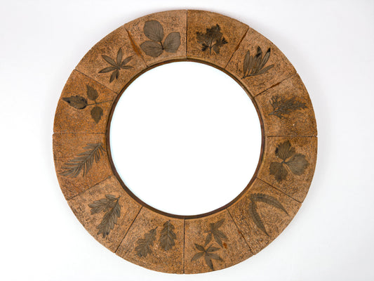 Roger Capron Style French Ceramic Tile Mirror, Terracotta Botanical Design, 1970s