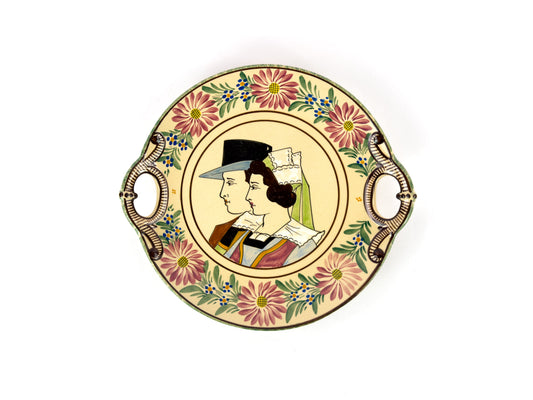 HB Quimper Hand-Painted Breton Platter with Double Handles, France, c. 1930s