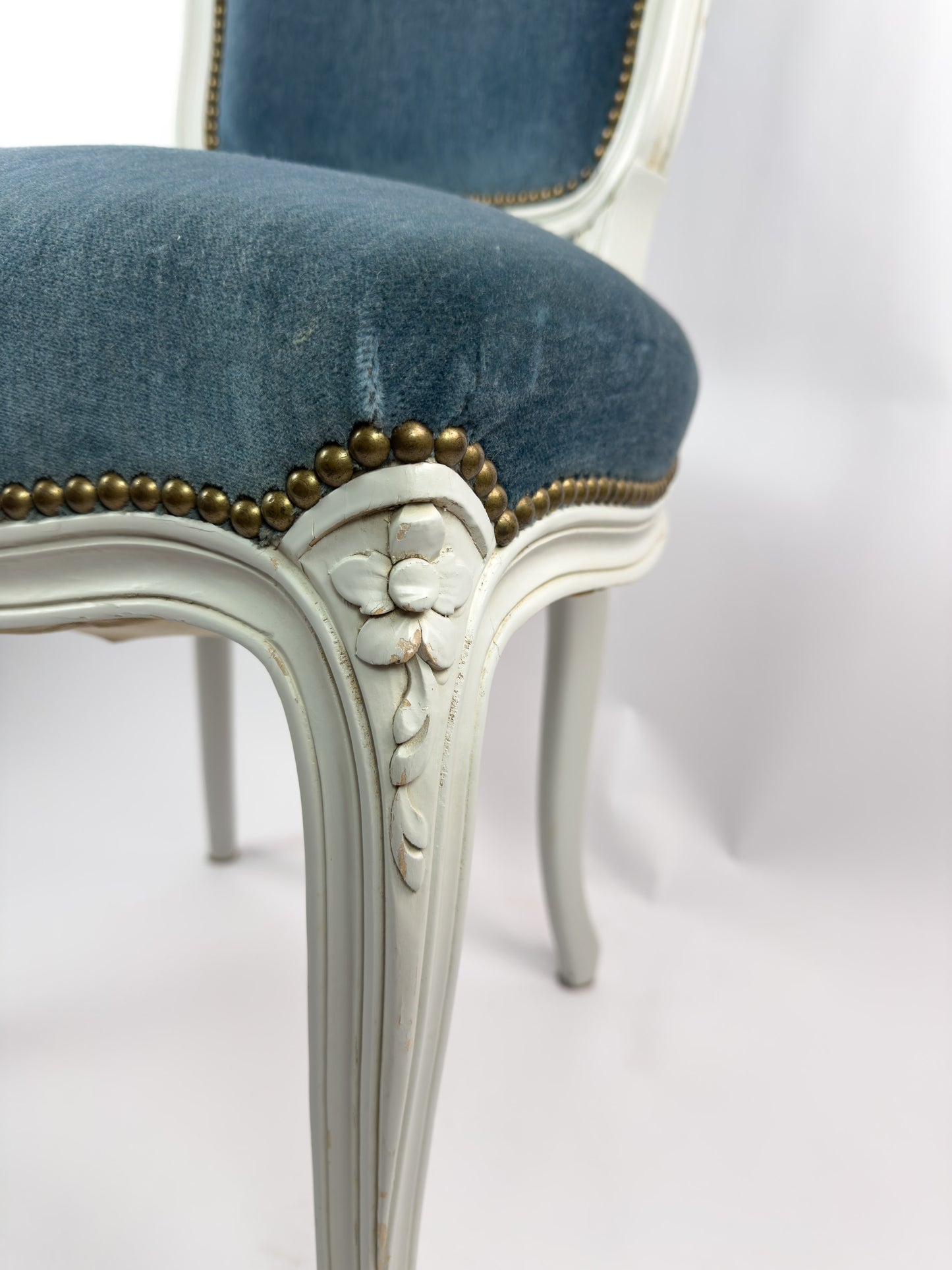 Vintage Louis XV Style Painted Wood Chair with Blue Velvet Upholstery