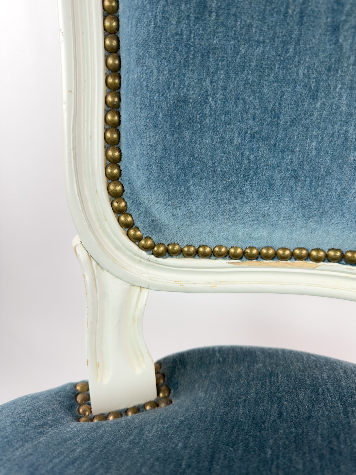 Vintage Louis XV Style Painted Wood Chair with Blue Velvet Upholstery