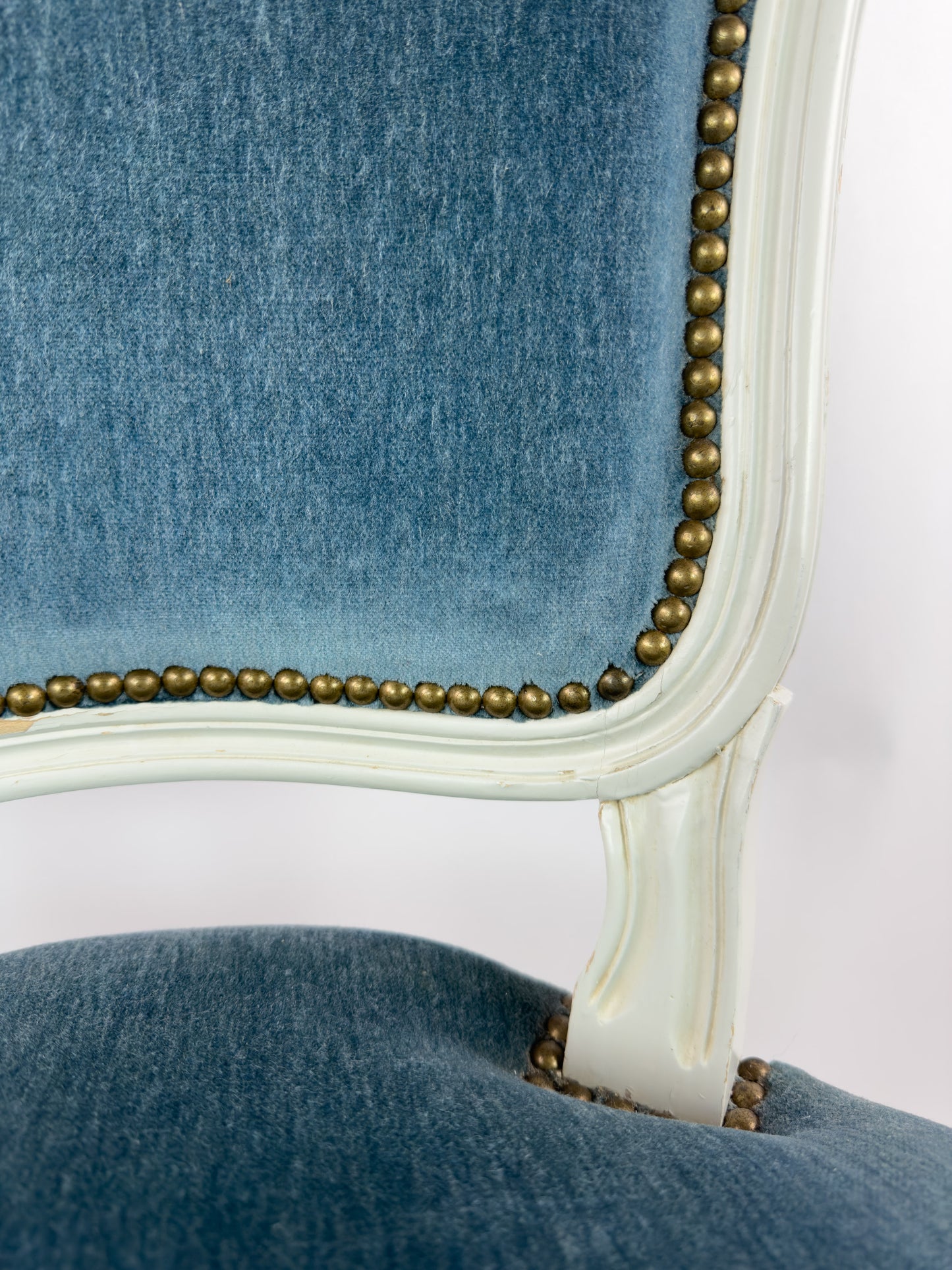 Vintage Louis XV Style Painted Wood Chair with Blue Velvet Upholstery