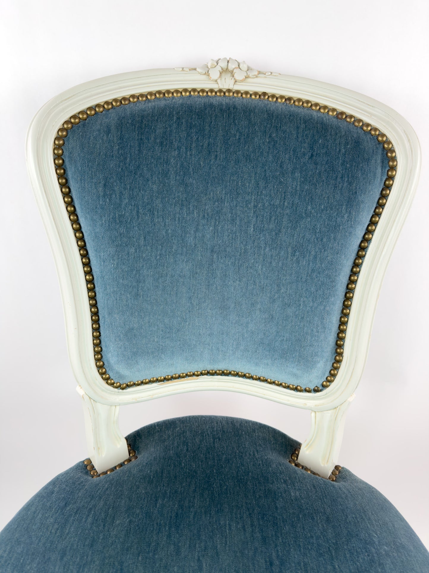 Vintage Louis XV Style Painted Wood Chair with Blue Velvet Upholstery