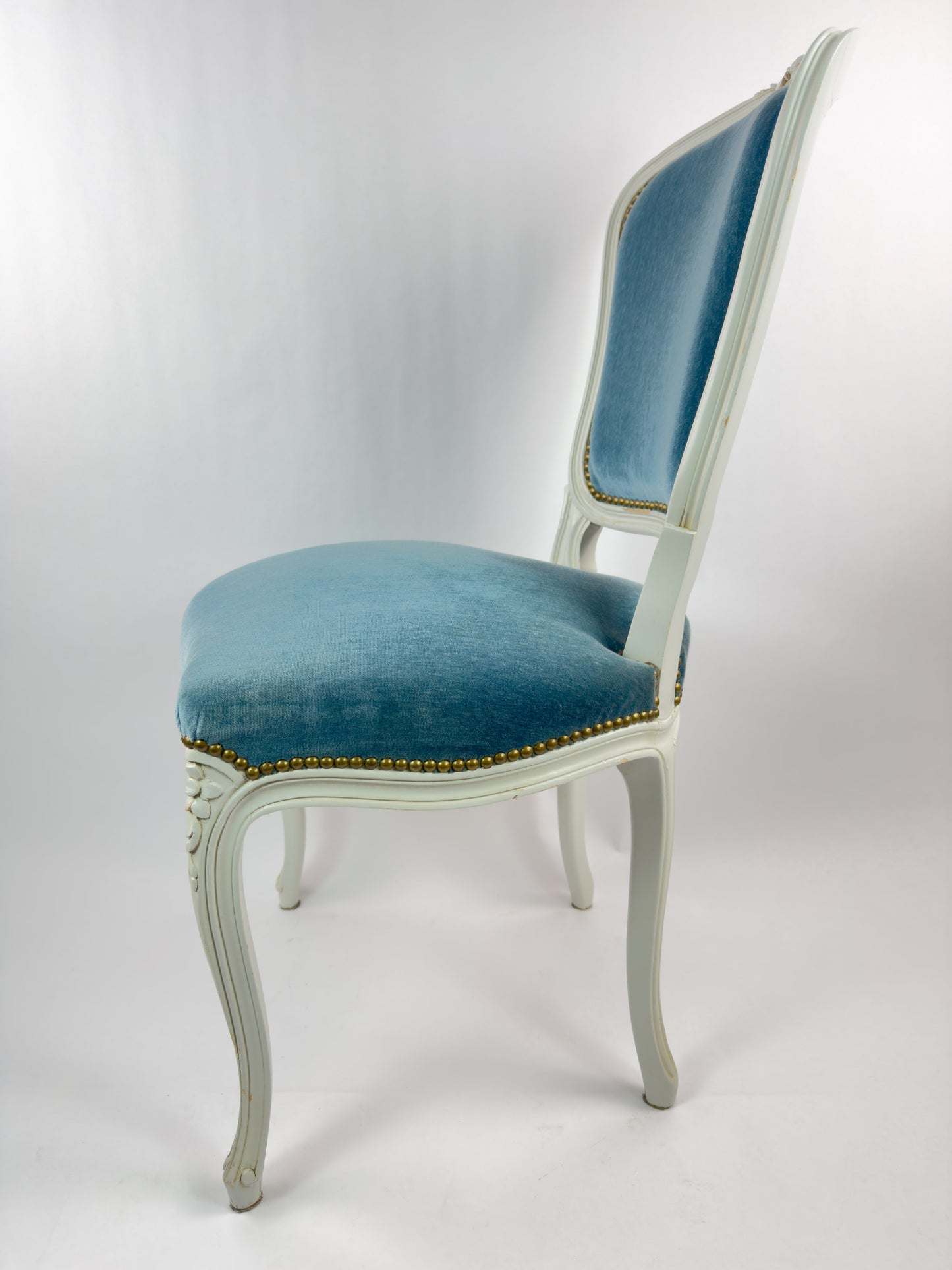 Vintage Louis XV Style Painted Wood Chair with Blue Velvet Upholstery