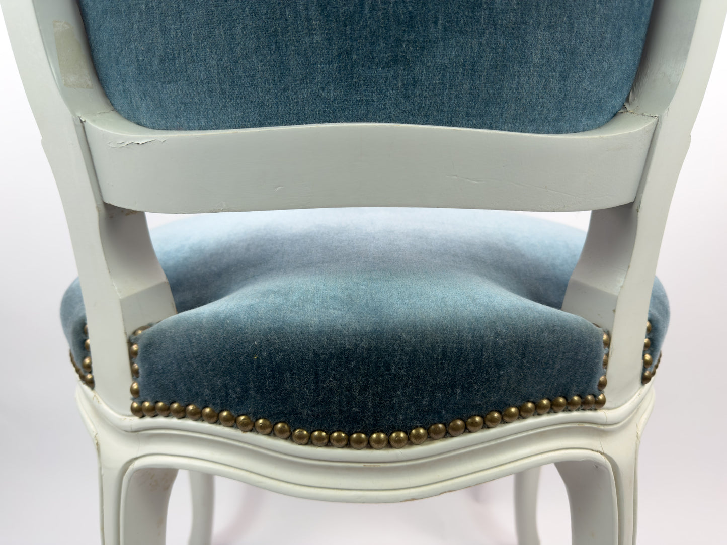 Vintage Louis XV Style Painted Wood Chair with Blue Velvet Upholstery