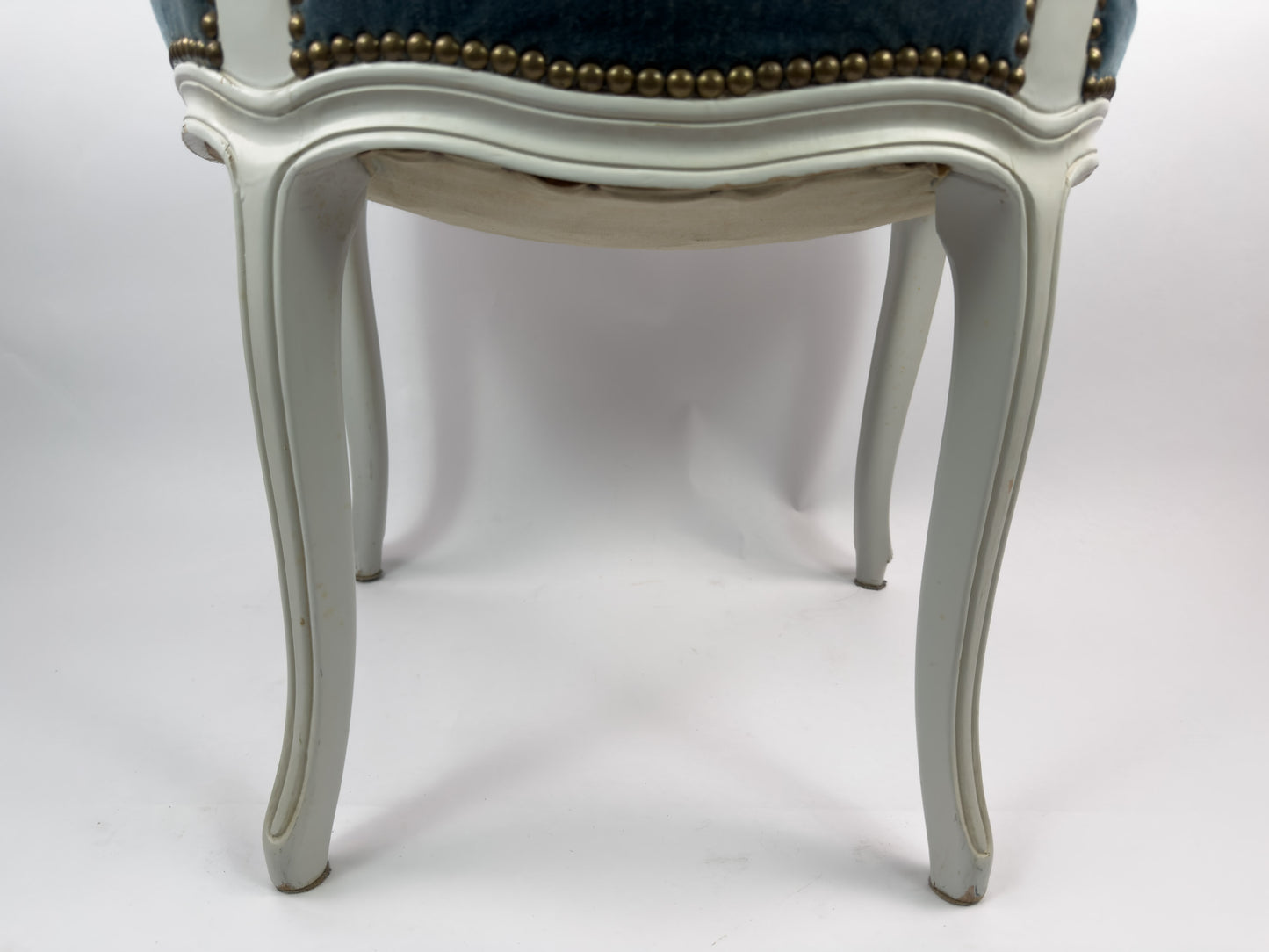 Vintage Louis XV Style Painted Wood Chair with Blue Velvet Upholstery