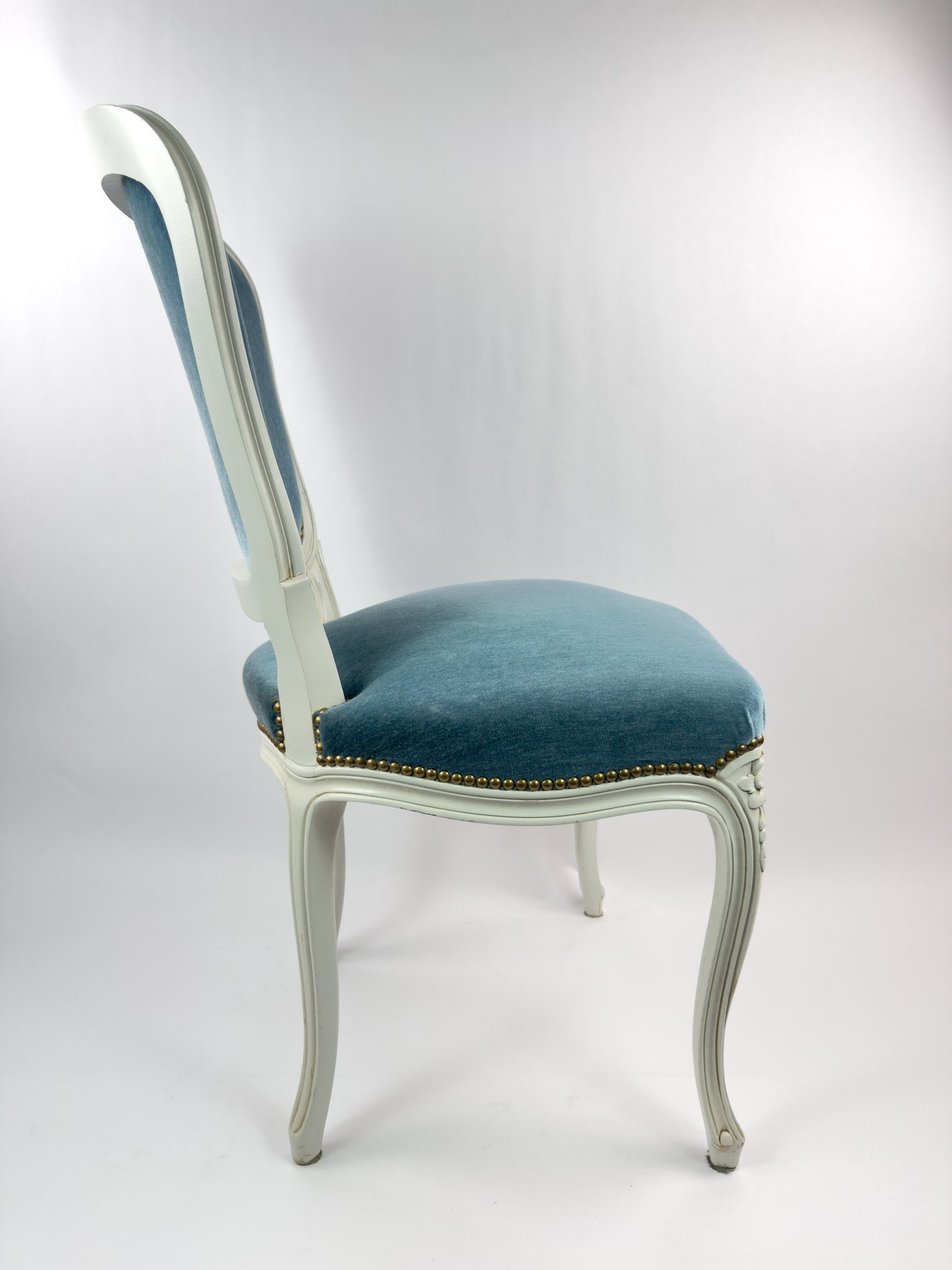 Vintage Louis XV Style Painted Wood Chair with Blue Velvet Upholstery