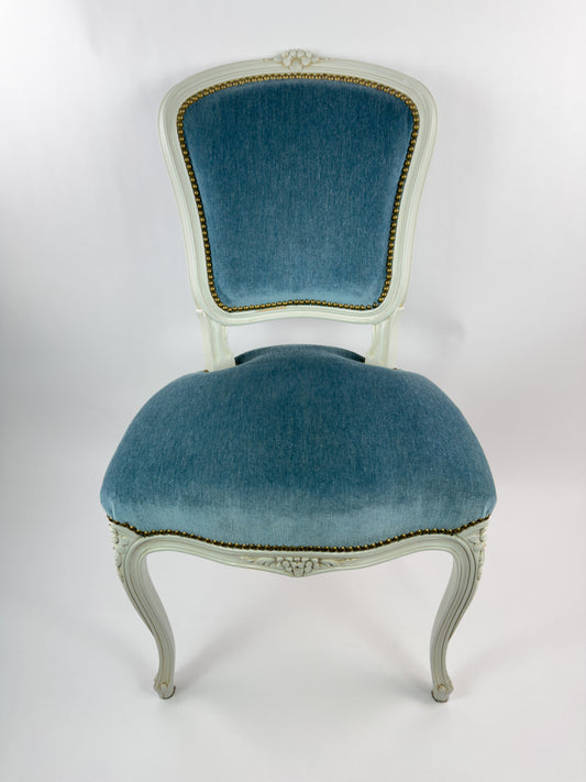 Vintage Louis XV Style Painted Wood Chair with Blue Velvet Upholstery