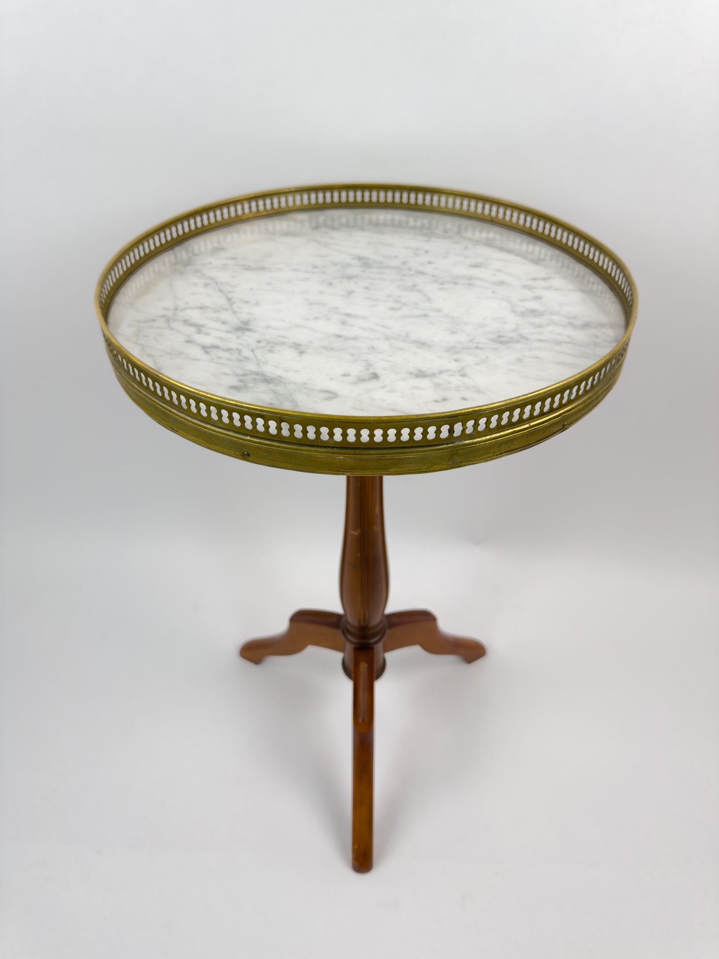 Vintage French Gueridon Side Table with Carrara Marble Top and Brass Gallery
