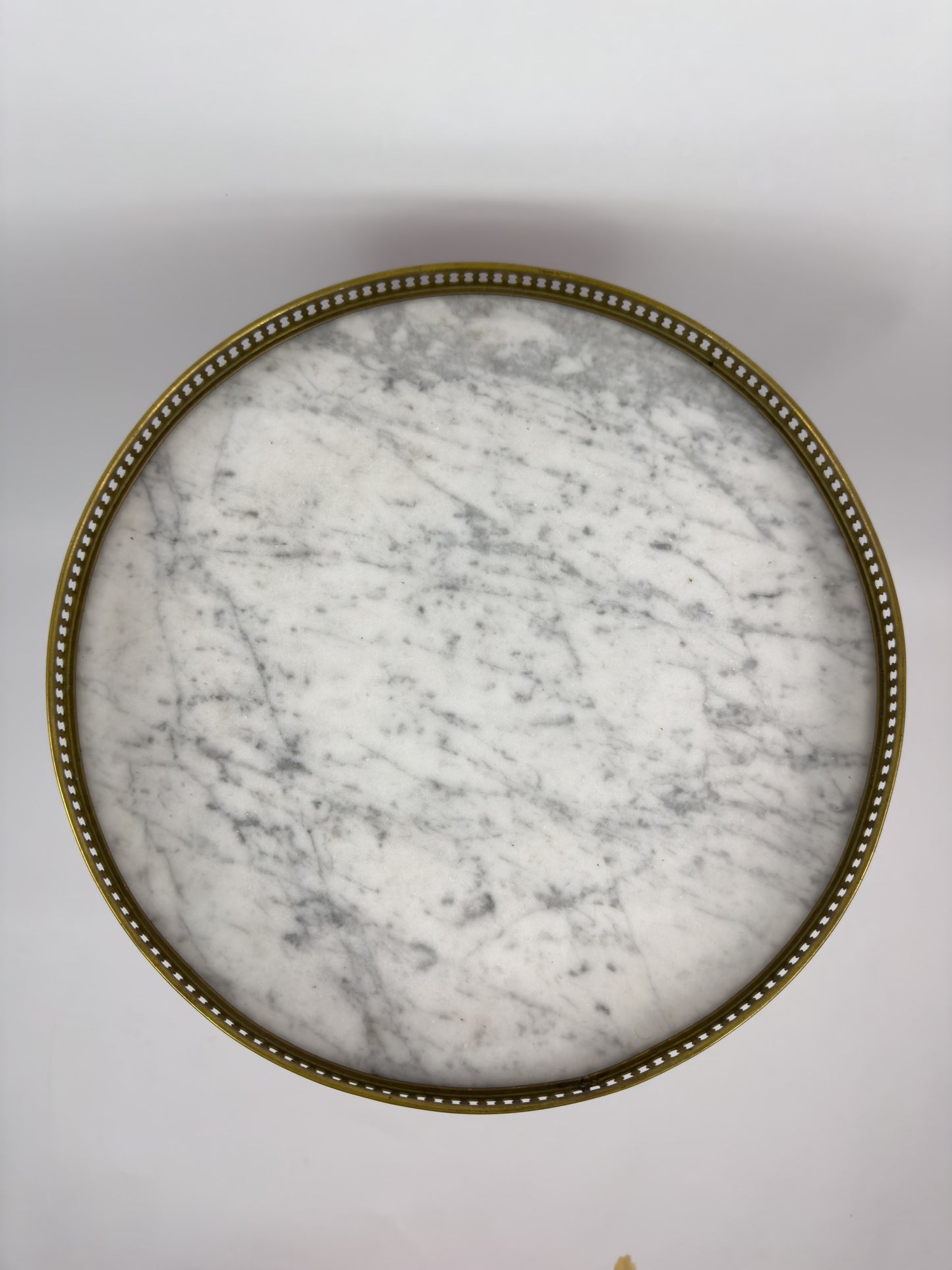 Vintage French Gueridon Side Table with Carrara Marble Top and Brass Gallery