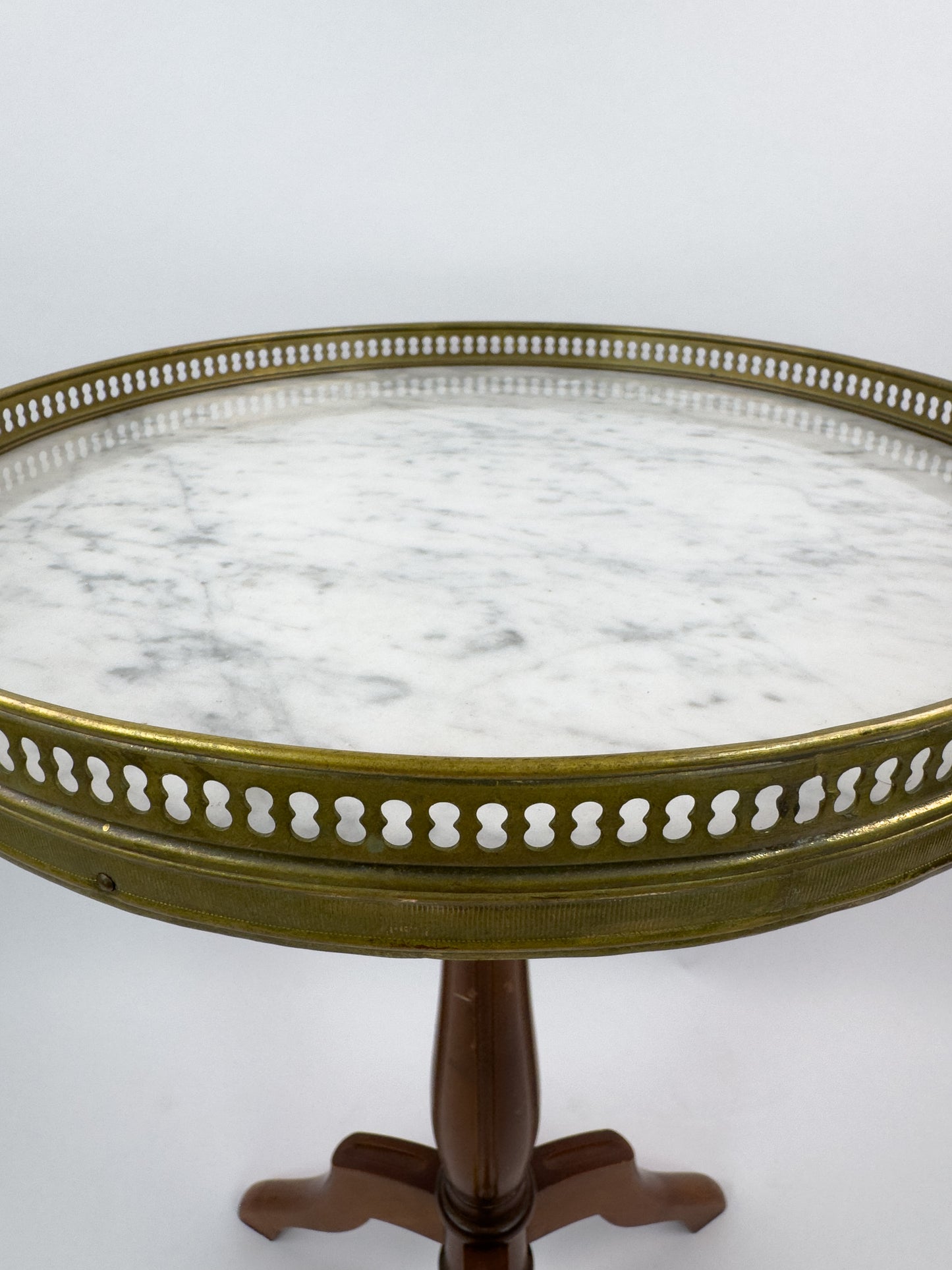 Vintage French Gueridon Side Table with Carrara Marble Top and Brass Gallery