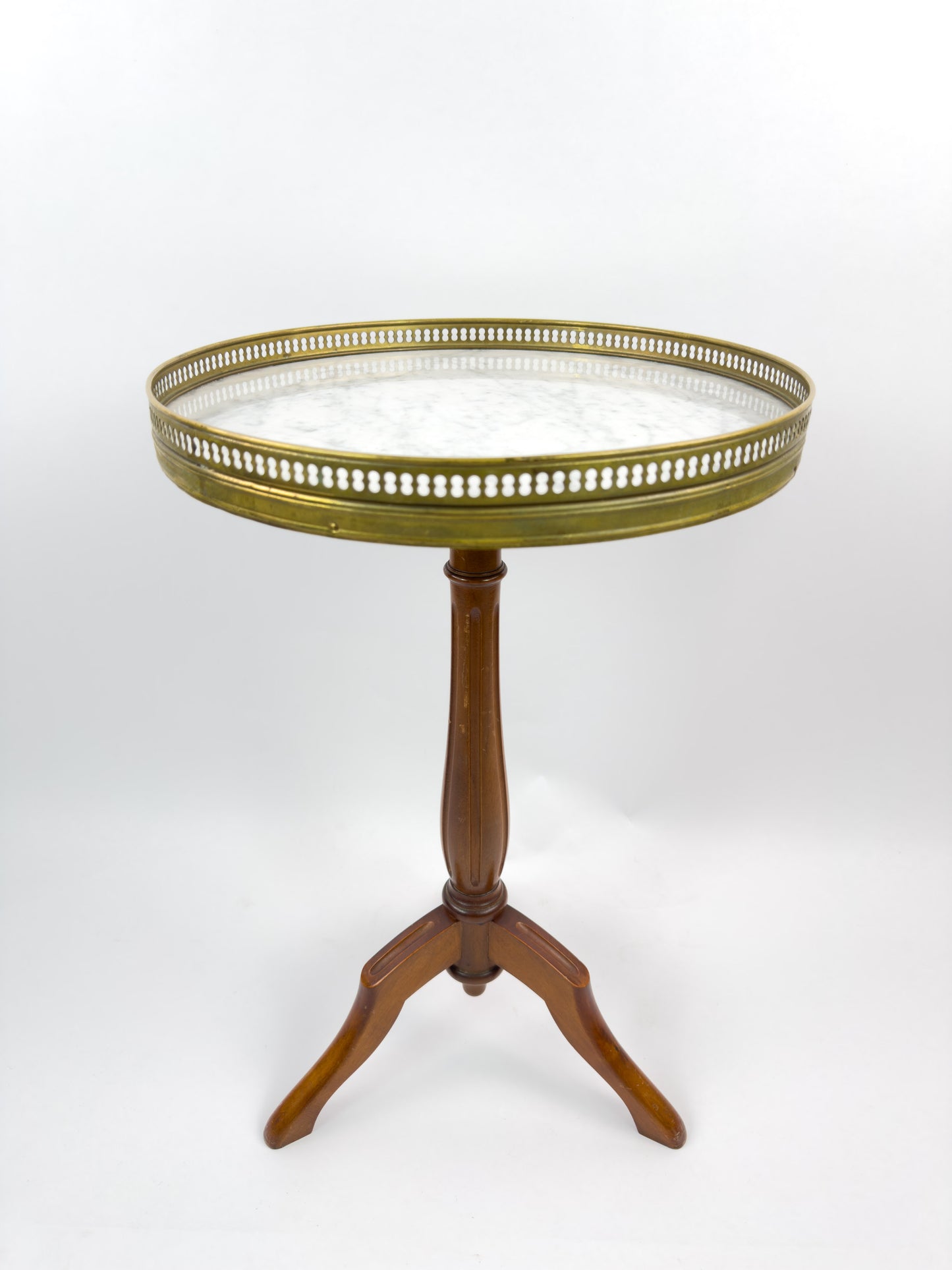 Vintage French Gueridon Side Table with Carrara Marble Top and Brass Gallery