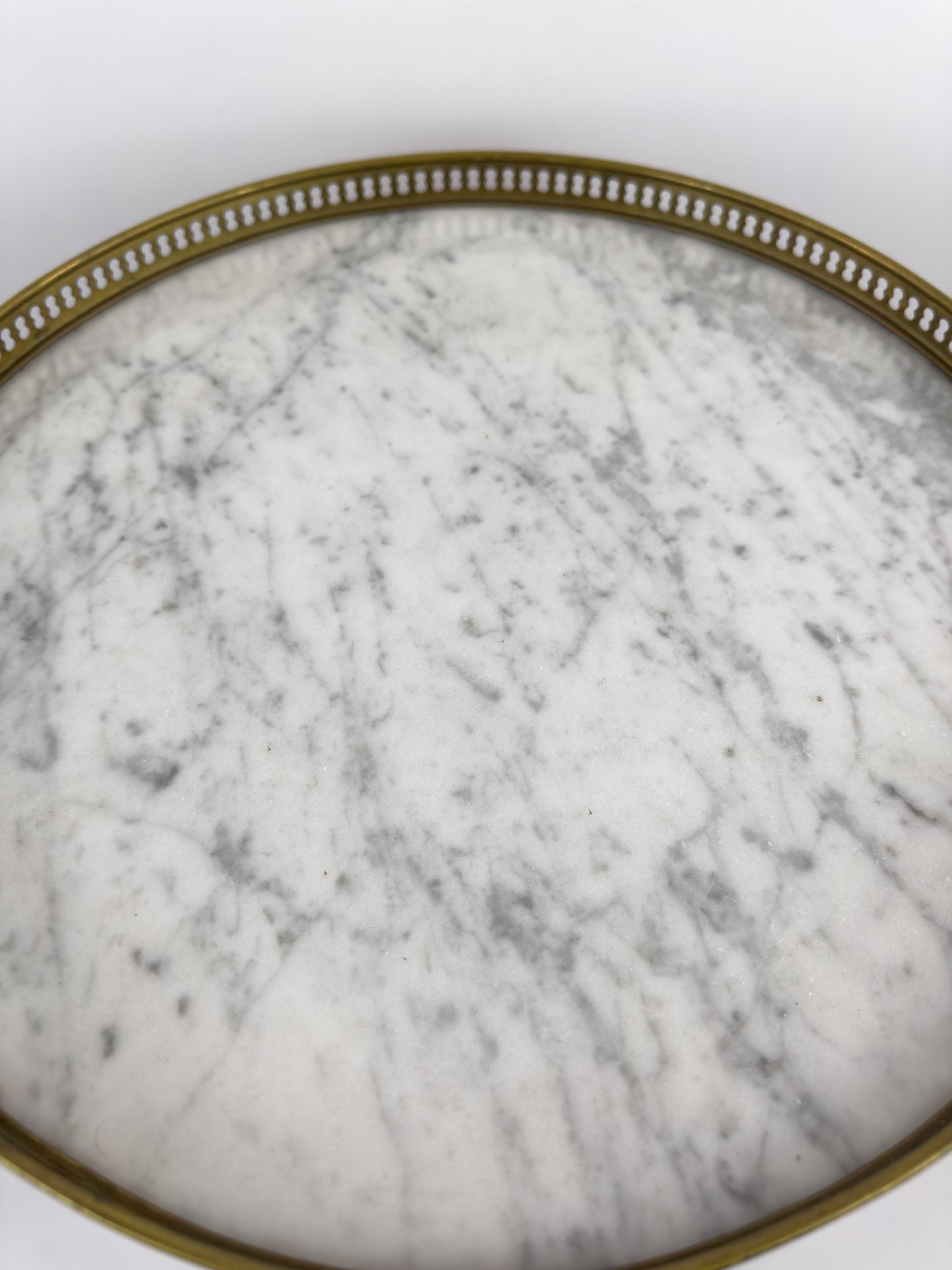 Vintage French Gueridon Side Table with Carrara Marble Top and Brass Gallery