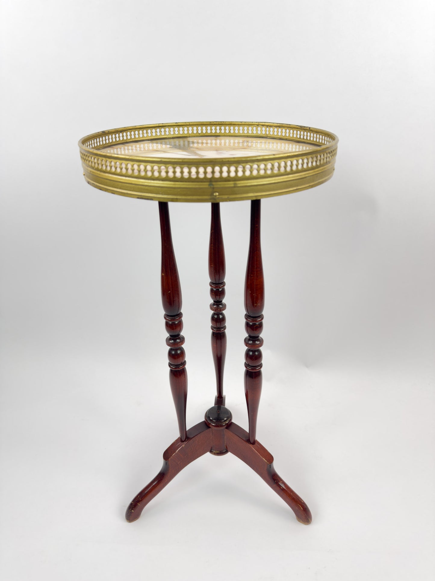 Vintage French Gueridon Side Table with Marble Top and Brass Gallery