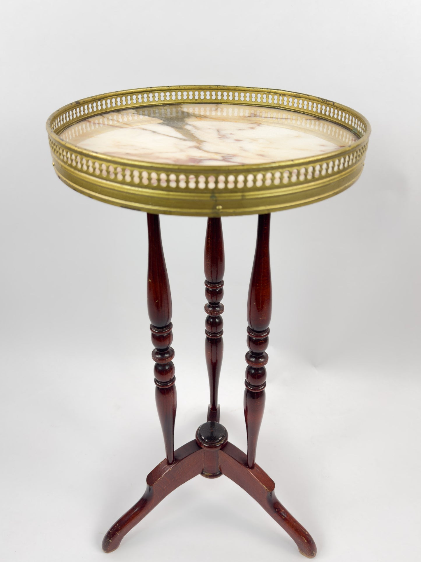 Vintage French Gueridon Side Table with Marble Top and Brass Gallery