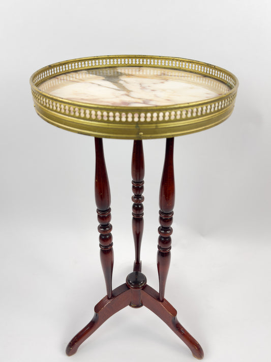 Vintage French Gueridon Side Table with Marble Top and Brass Gallery