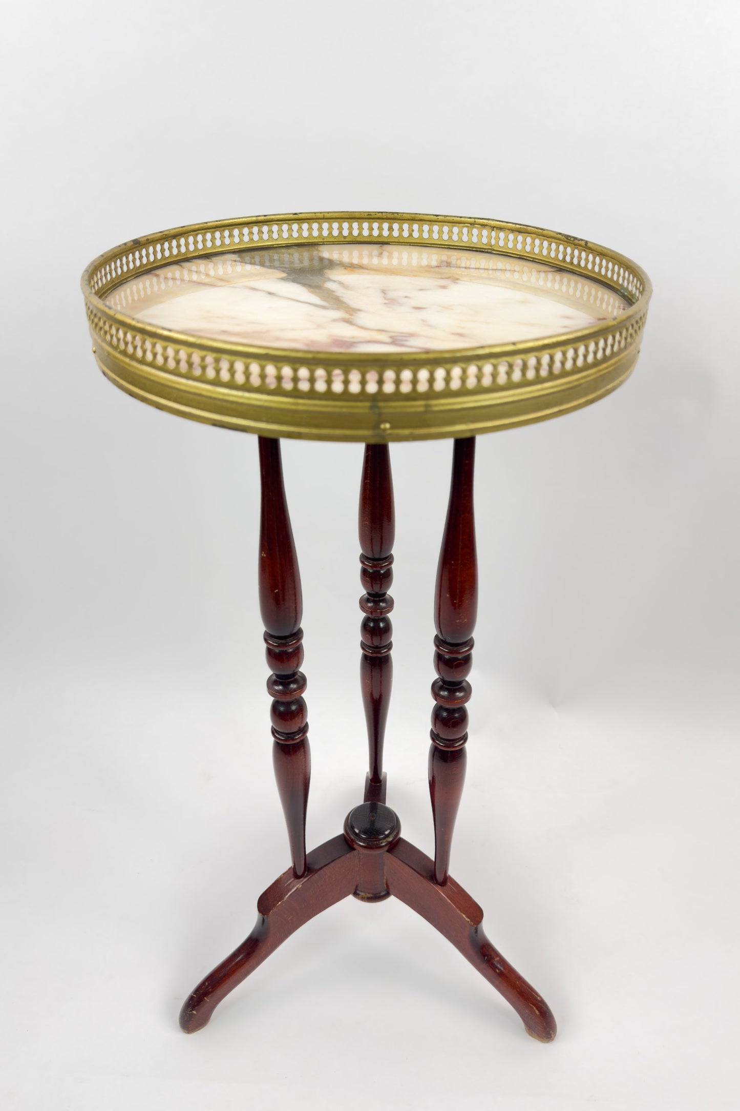 Vintage French Gueridon Side Table with Marble Top and Brass Gallery