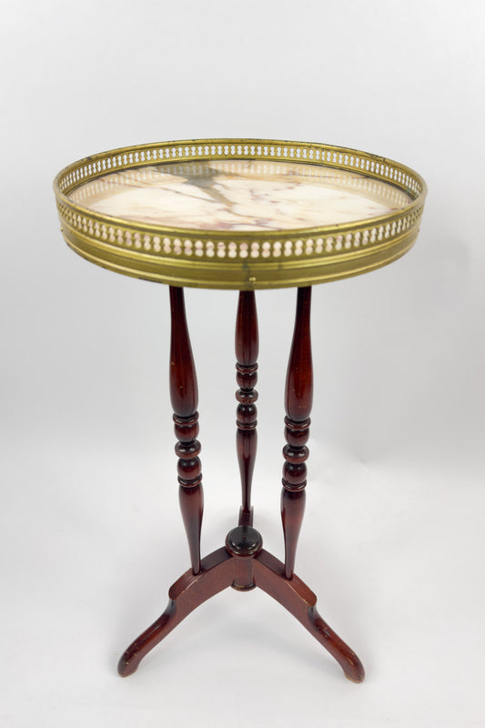 Vintage French Gueridon Side Table with Marble Top and Brass Gallery