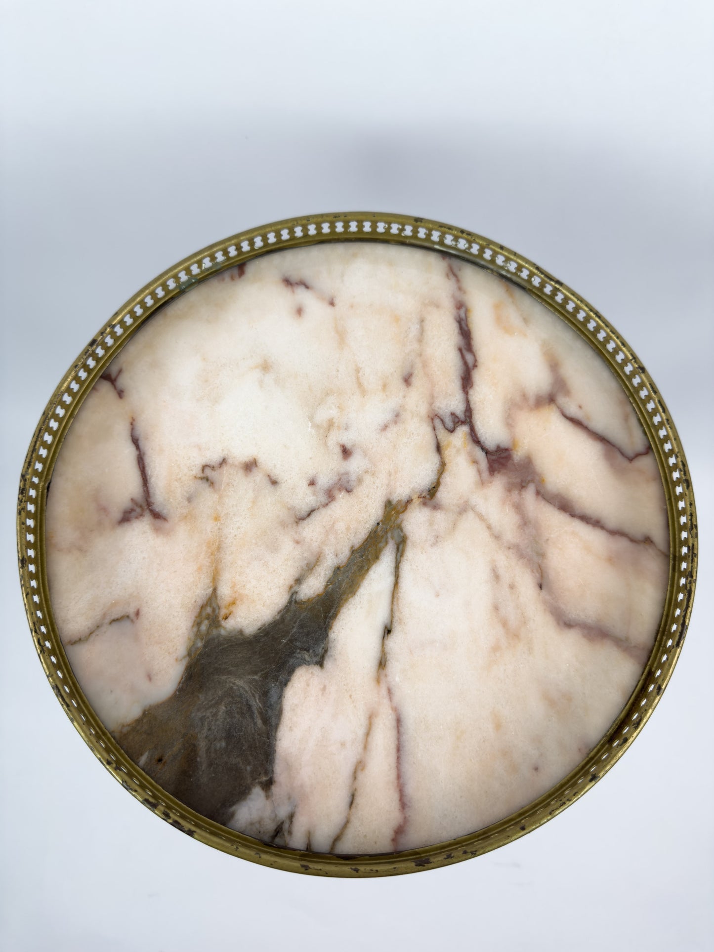 Vintage French Gueridon Side Table with Marble Top and Brass Gallery