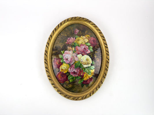 Camille Fauré Limoges French Enamel Plaque, Oval Bouquet of Roses, Mid-20th Century