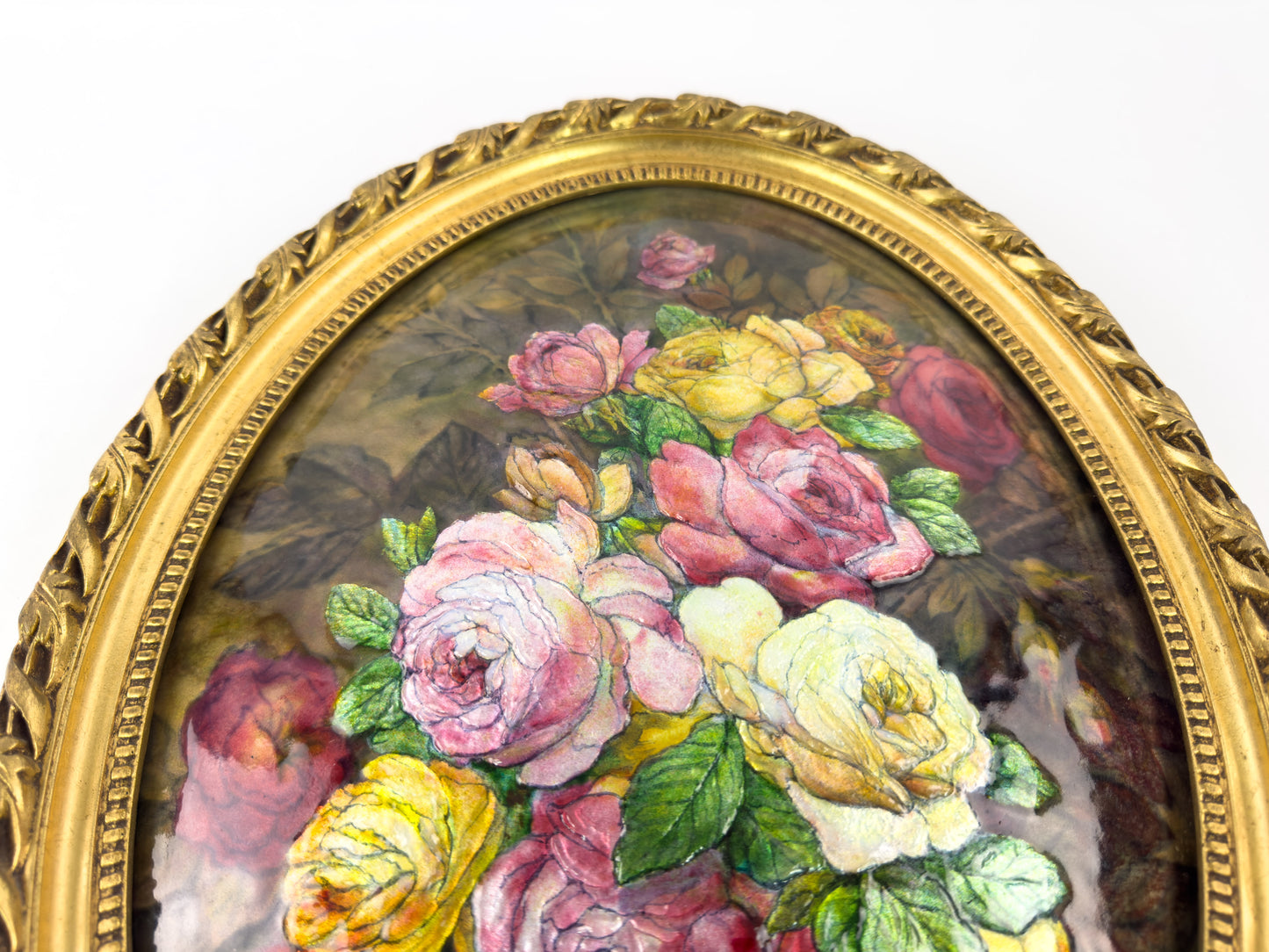Camille Fauré Limoges French Enamel Plaque, Oval Bouquet of Roses, Mid-20th Century