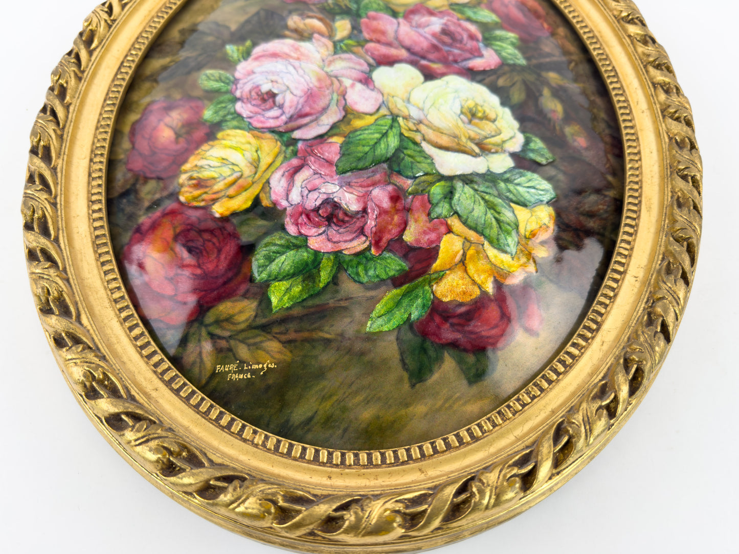 Camille Fauré Limoges French Enamel Plaque, Oval Bouquet of Roses, Mid-20th Century