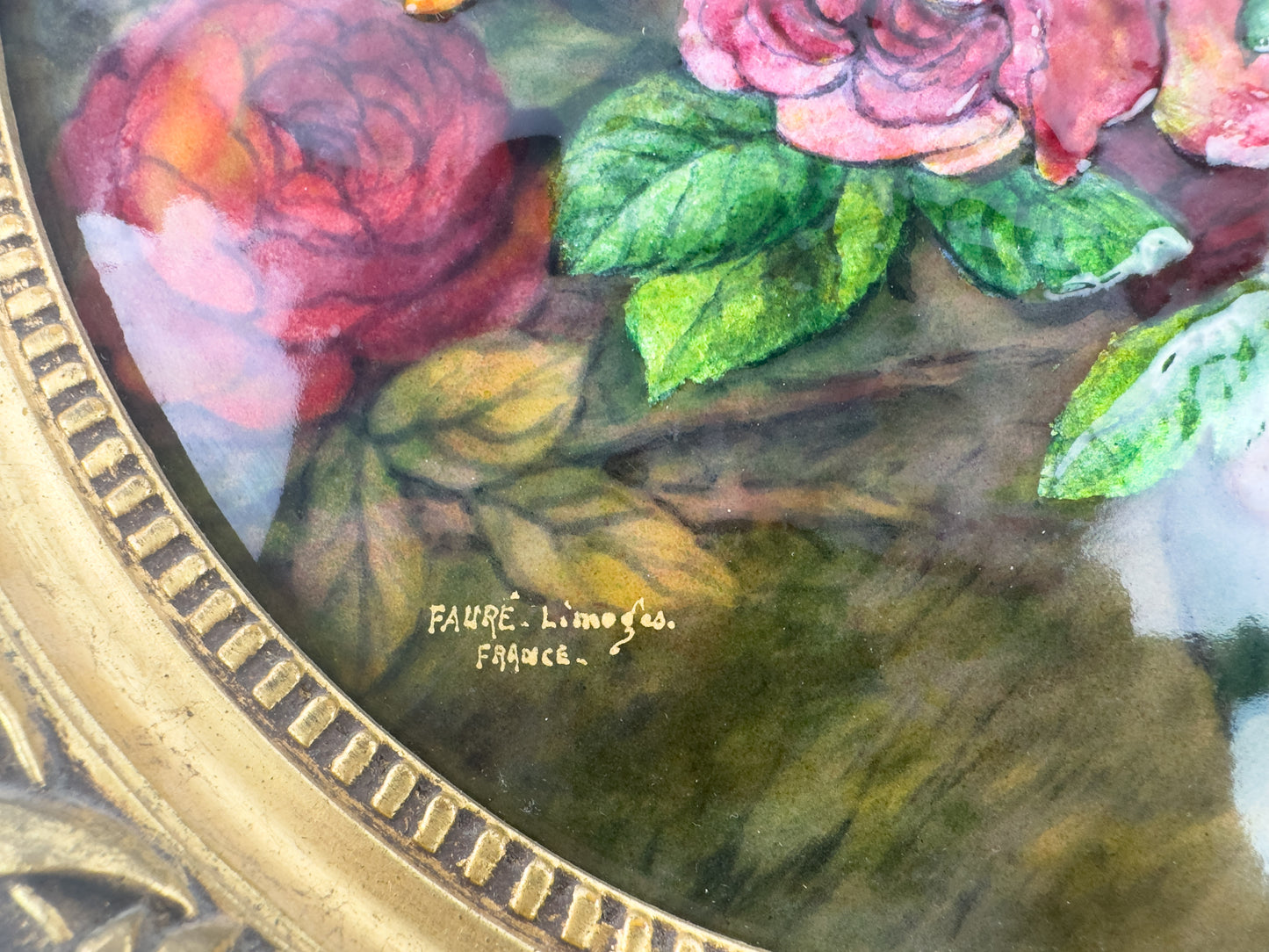 Camille Fauré Limoges French Enamel Plaque, Oval Bouquet of Roses, Mid-20th Century