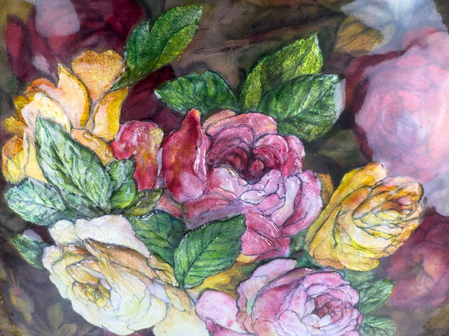 Camille Fauré Limoges French Enamel Plaque, Oval Bouquet of Roses, Mid-20th Century