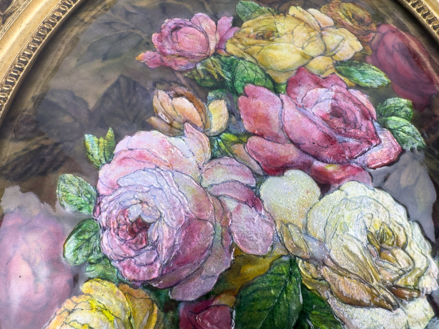 Camille Fauré Limoges French Enamel Plaque, Oval Bouquet of Roses, Mid-20th Century