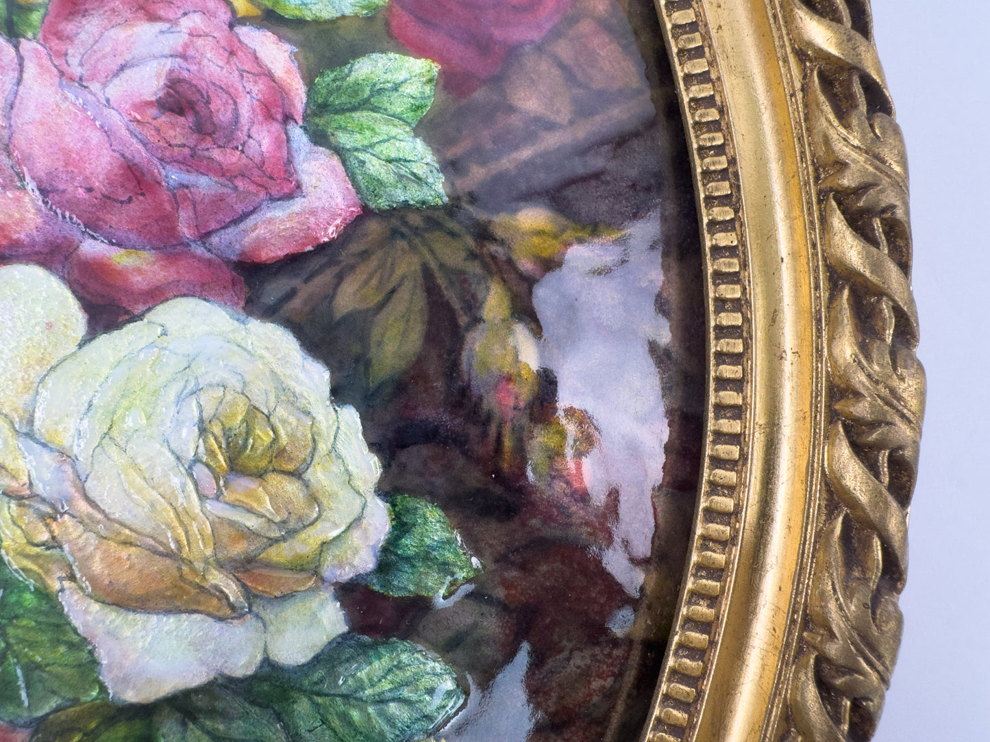 Camille Fauré Limoges French Enamel Plaque, Oval Bouquet of Roses, Mid-20th Century
