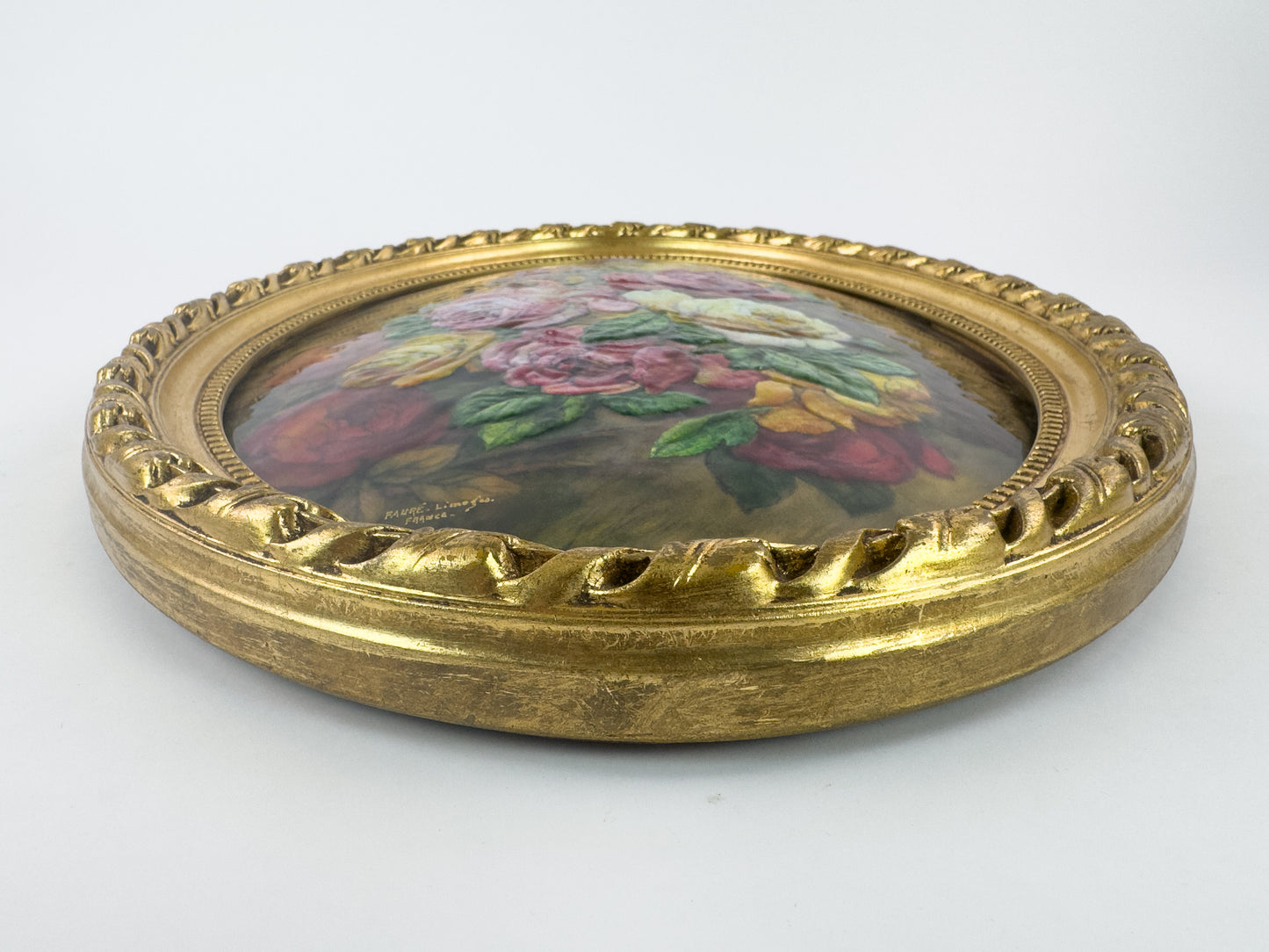 Camille Fauré Limoges French Enamel Plaque, Oval Bouquet of Roses, Mid-20th Century
