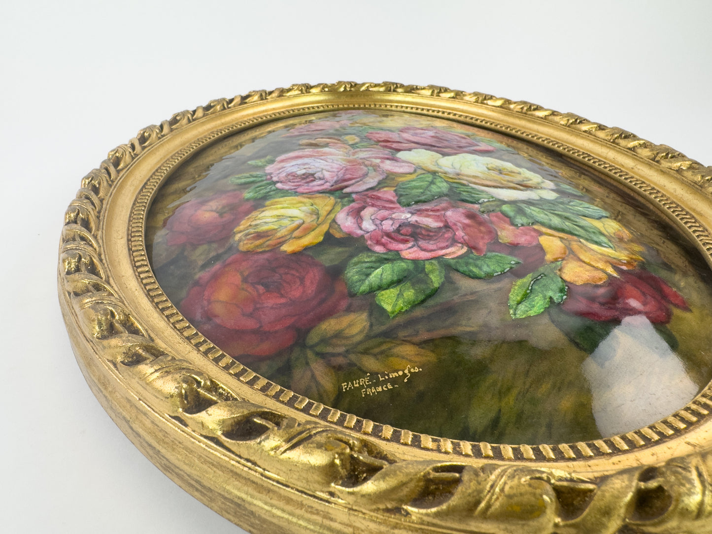 Camille Fauré Limoges French Enamel Plaque, Oval Bouquet of Roses, Mid-20th Century