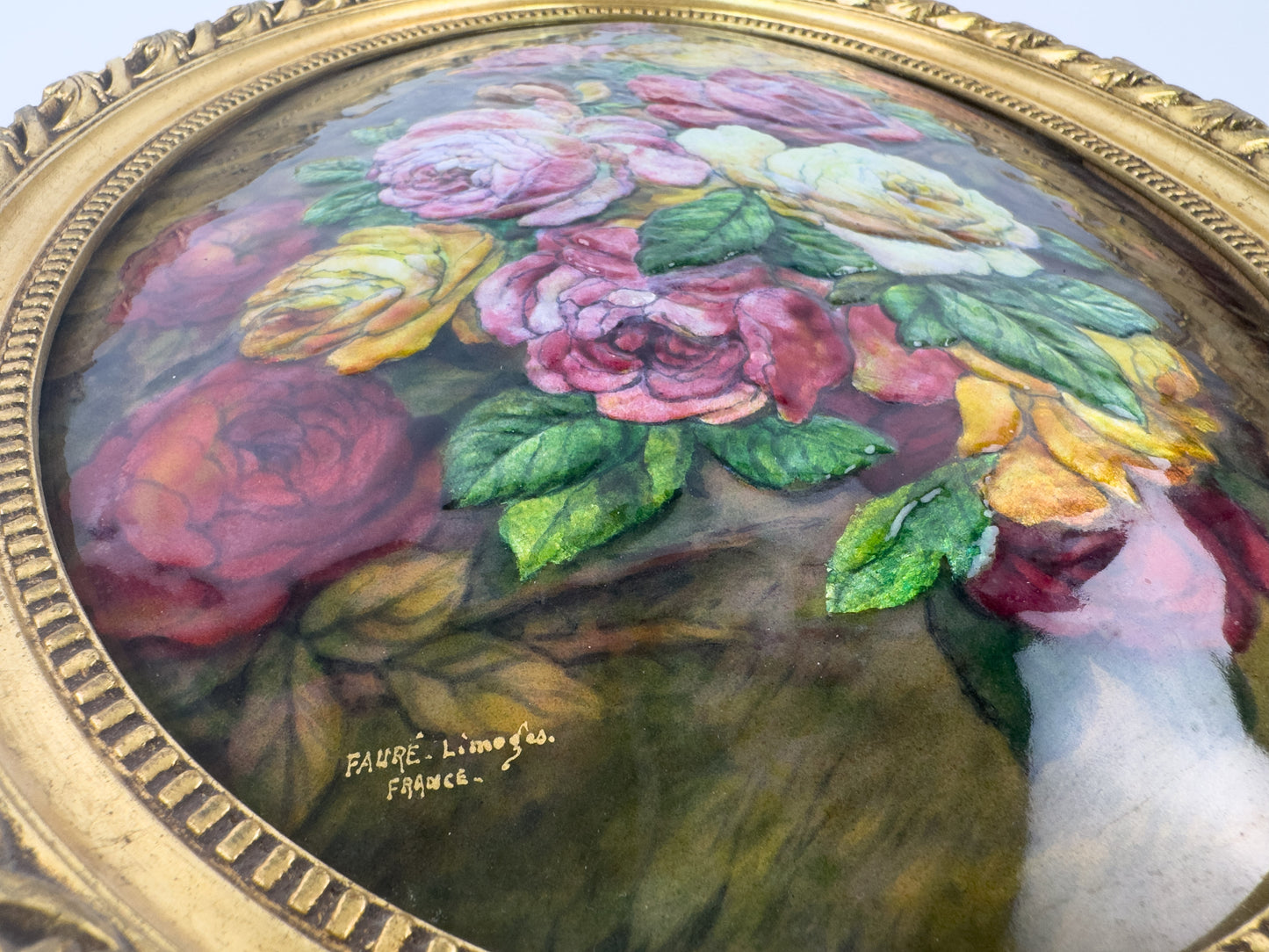 Camille Fauré Limoges French Enamel Plaque, Oval Bouquet of Roses, Mid-20th Century