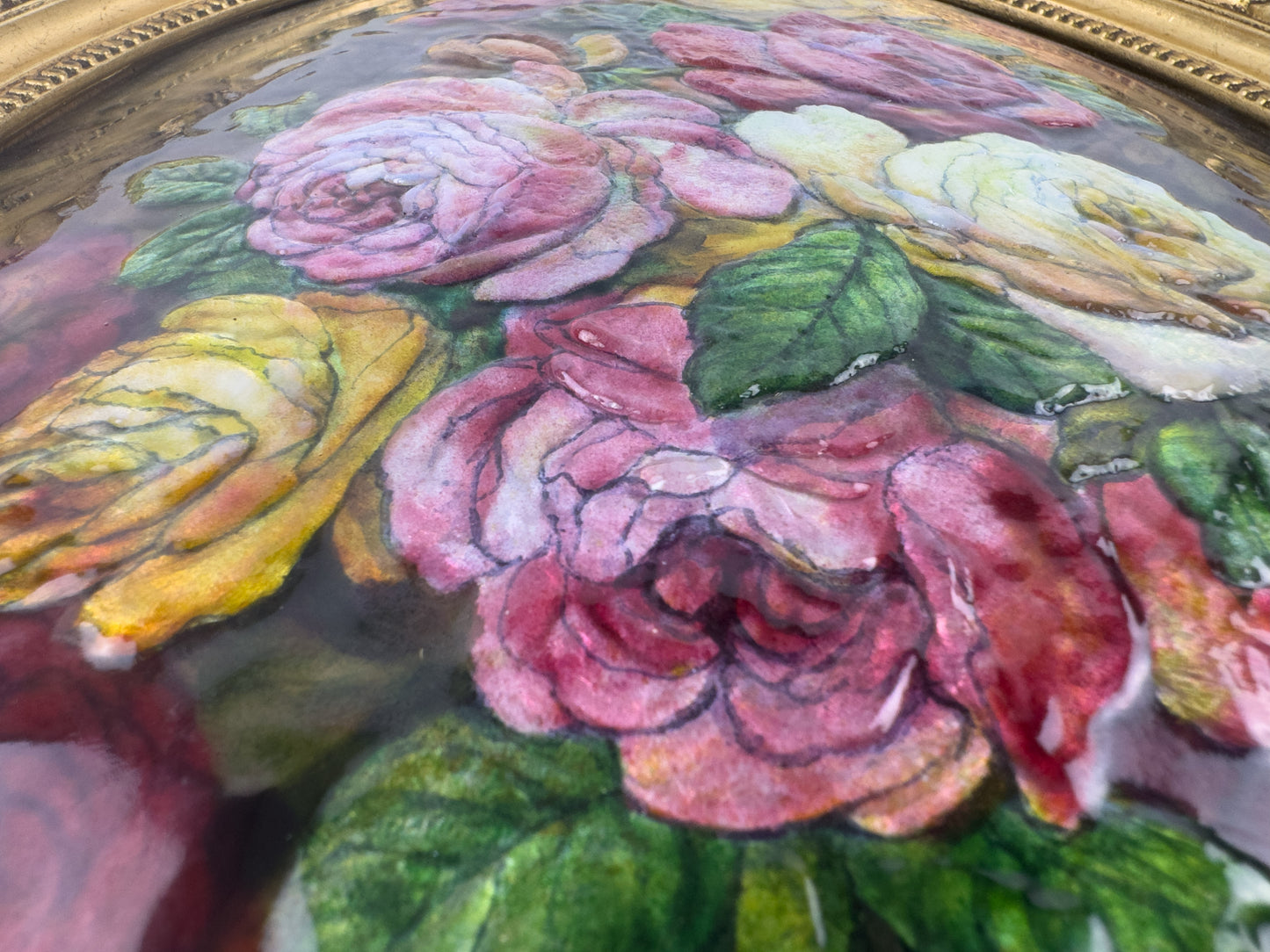 Camille Fauré Limoges French Enamel Plaque, Oval Bouquet of Roses, Mid-20th Century