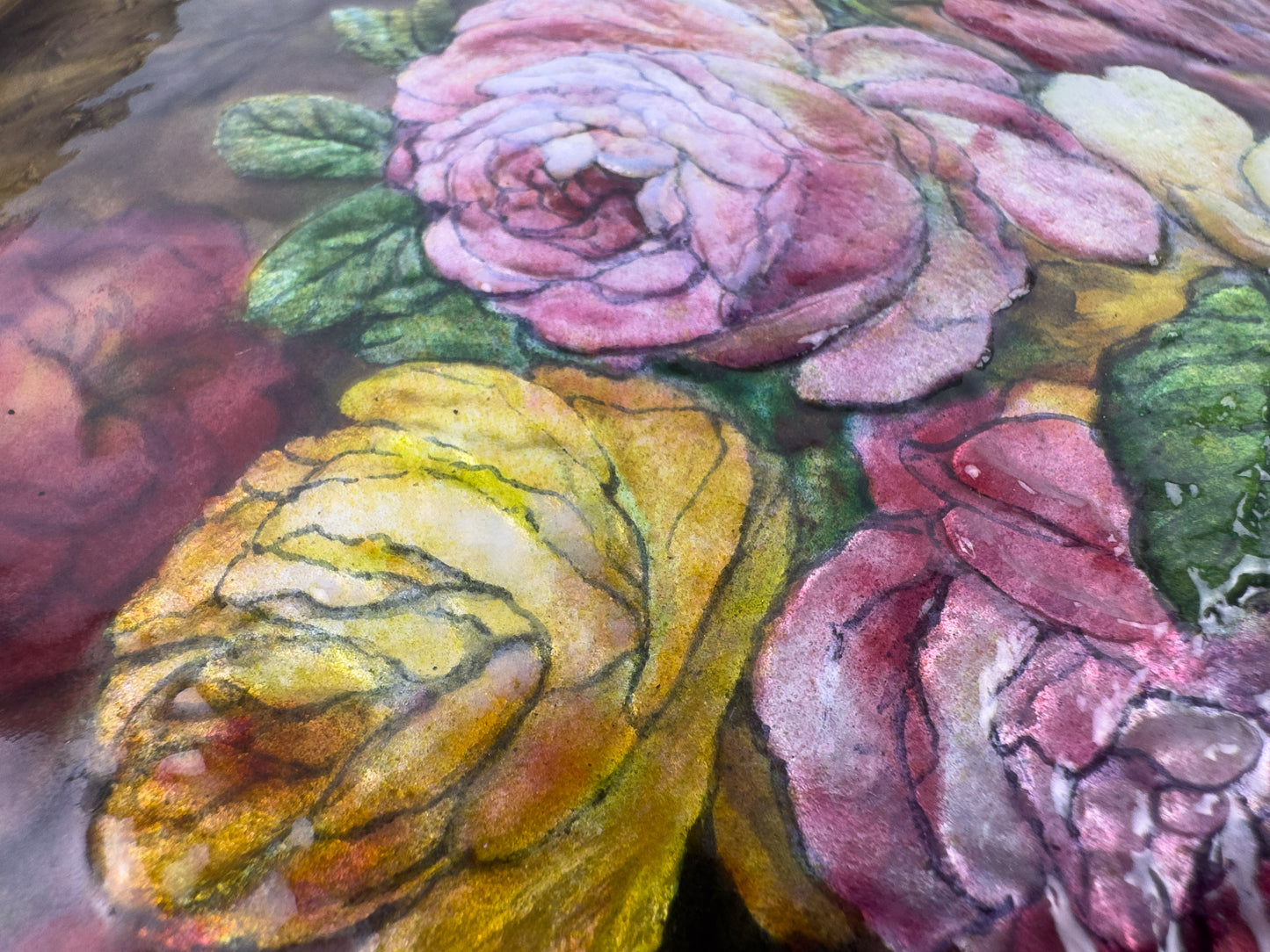 Camille Fauré Limoges French Enamel Plaque, Oval Bouquet of Roses, Mid-20th Century