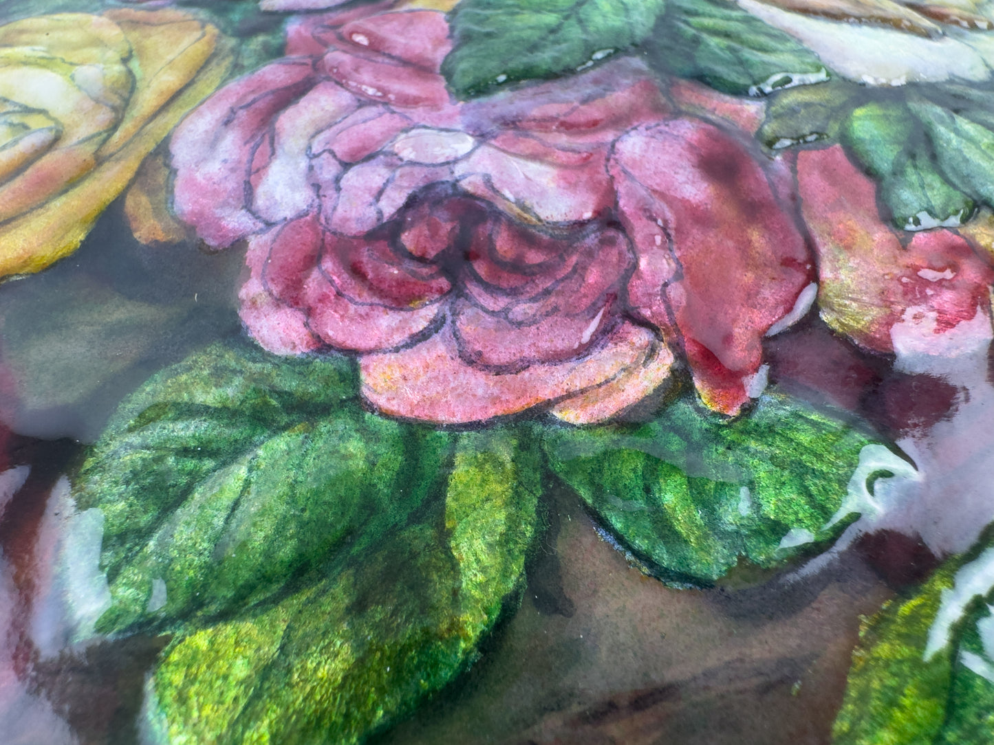 Camille Fauré Limoges French Enamel Plaque, Oval Bouquet of Roses, Mid-20th Century