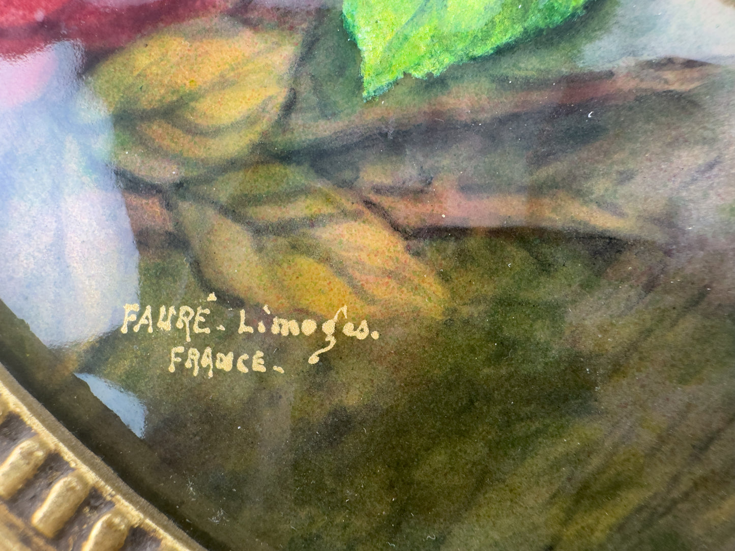 Camille Fauré Limoges French Enamel Plaque, Oval Bouquet of Roses, Mid-20th Century