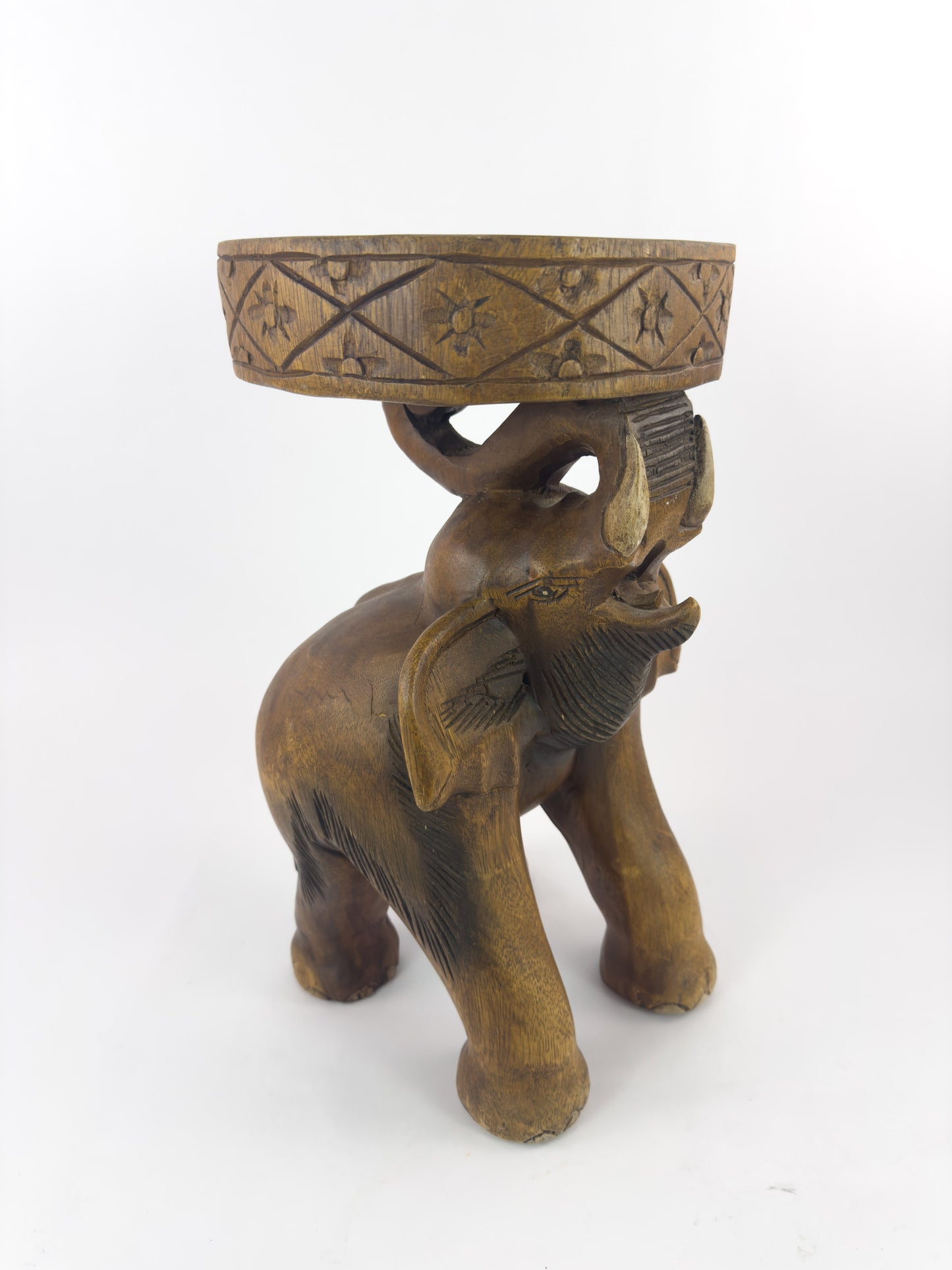 Vintage Hand-Carved Solid Hardwood Elephant Stool / Sculptural Folk Art Side Table