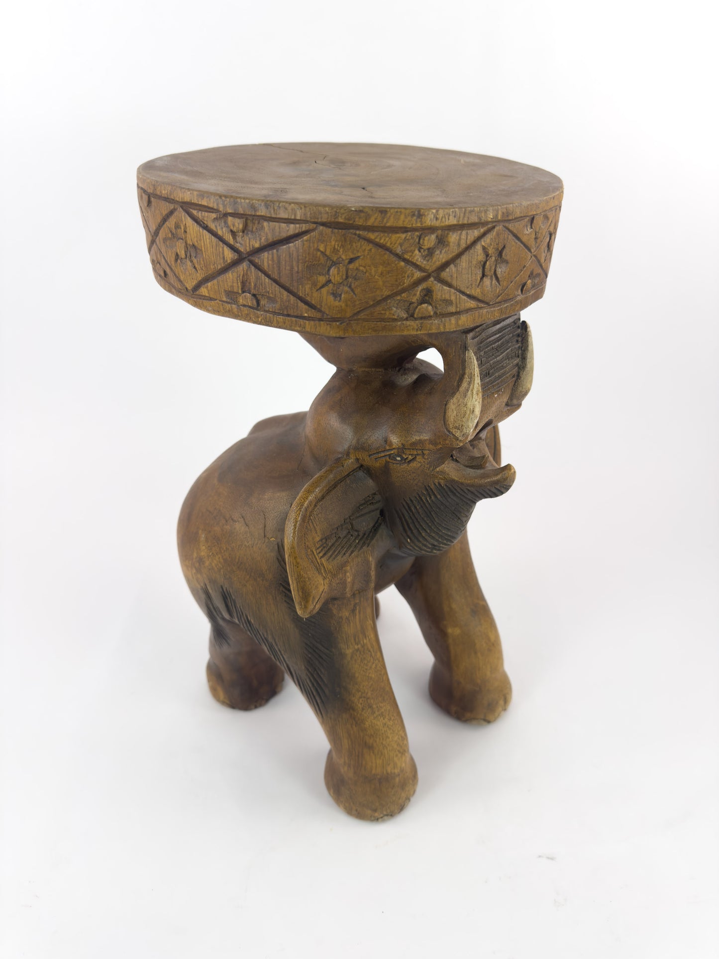 Vintage Hand-Carved Solid Hardwood Elephant Stool / Sculptural Folk Art Side Table