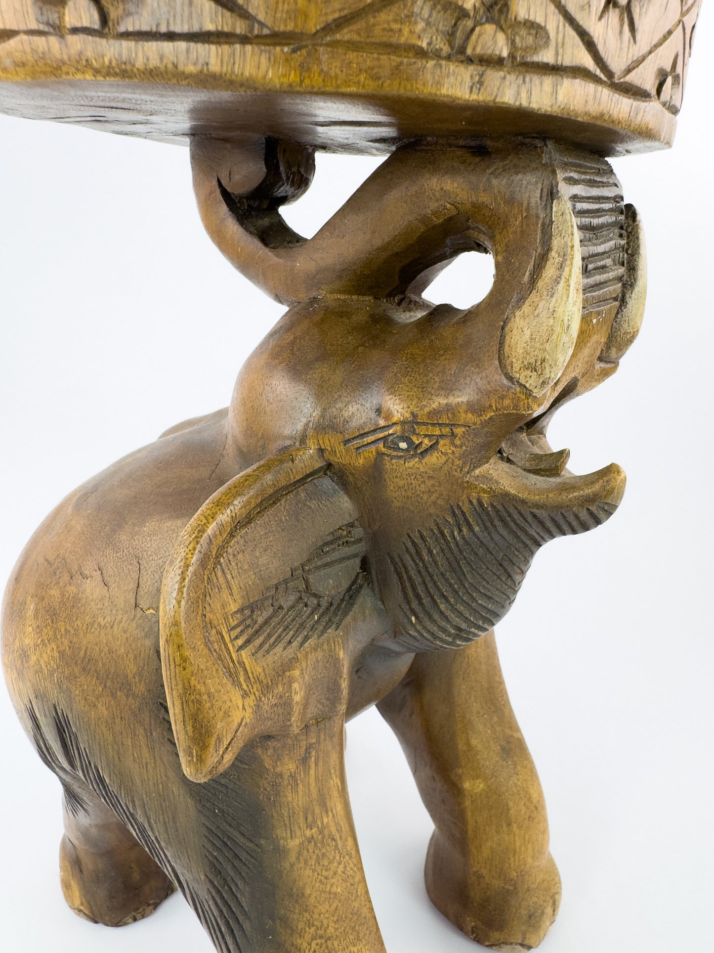 Vintage Hand-Carved Solid Hardwood Elephant Stool / Sculptural Folk Art Side Table