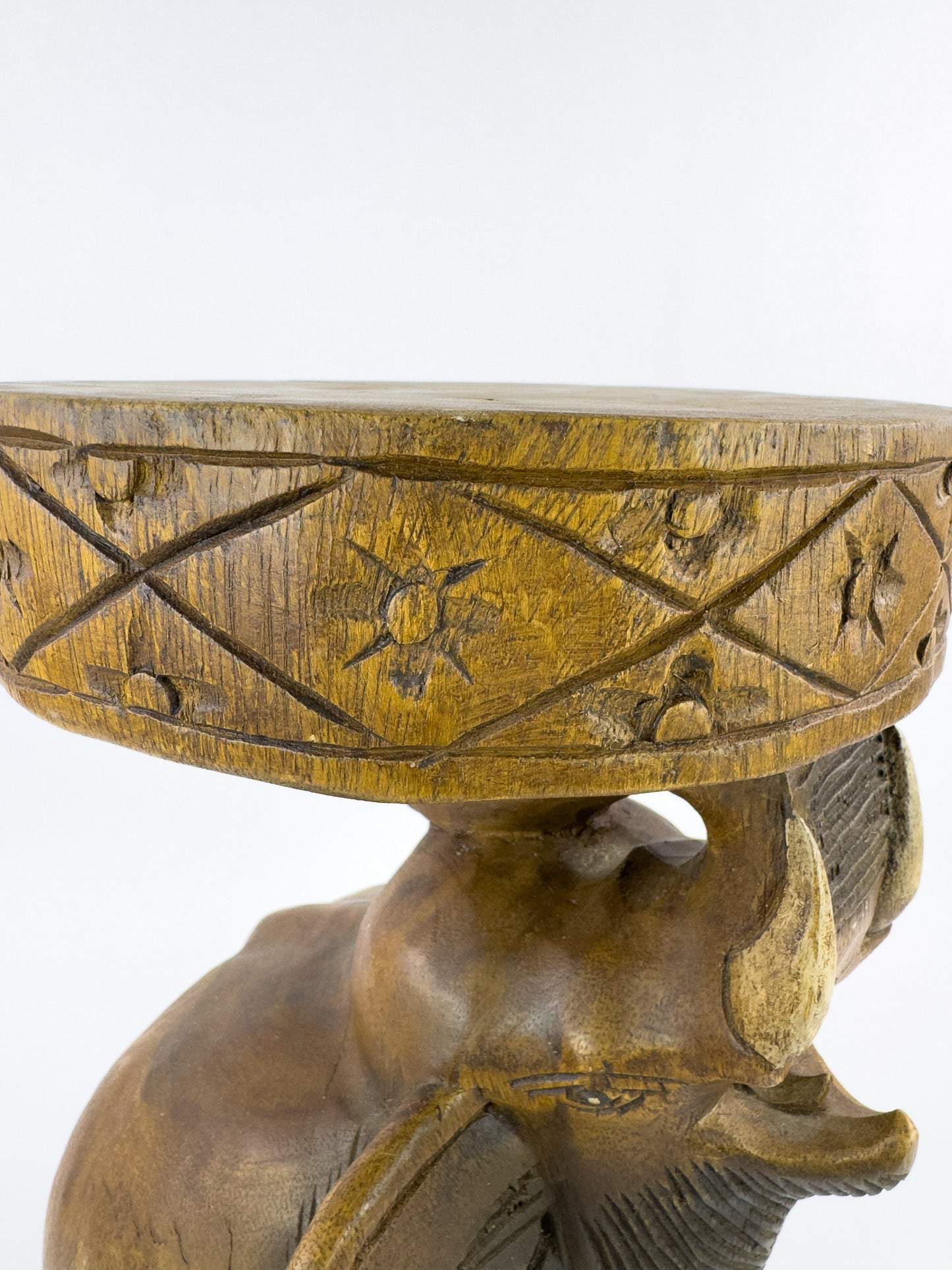 Vintage Hand-Carved Solid Hardwood Elephant Stool / Sculptural Folk Art Side Table
